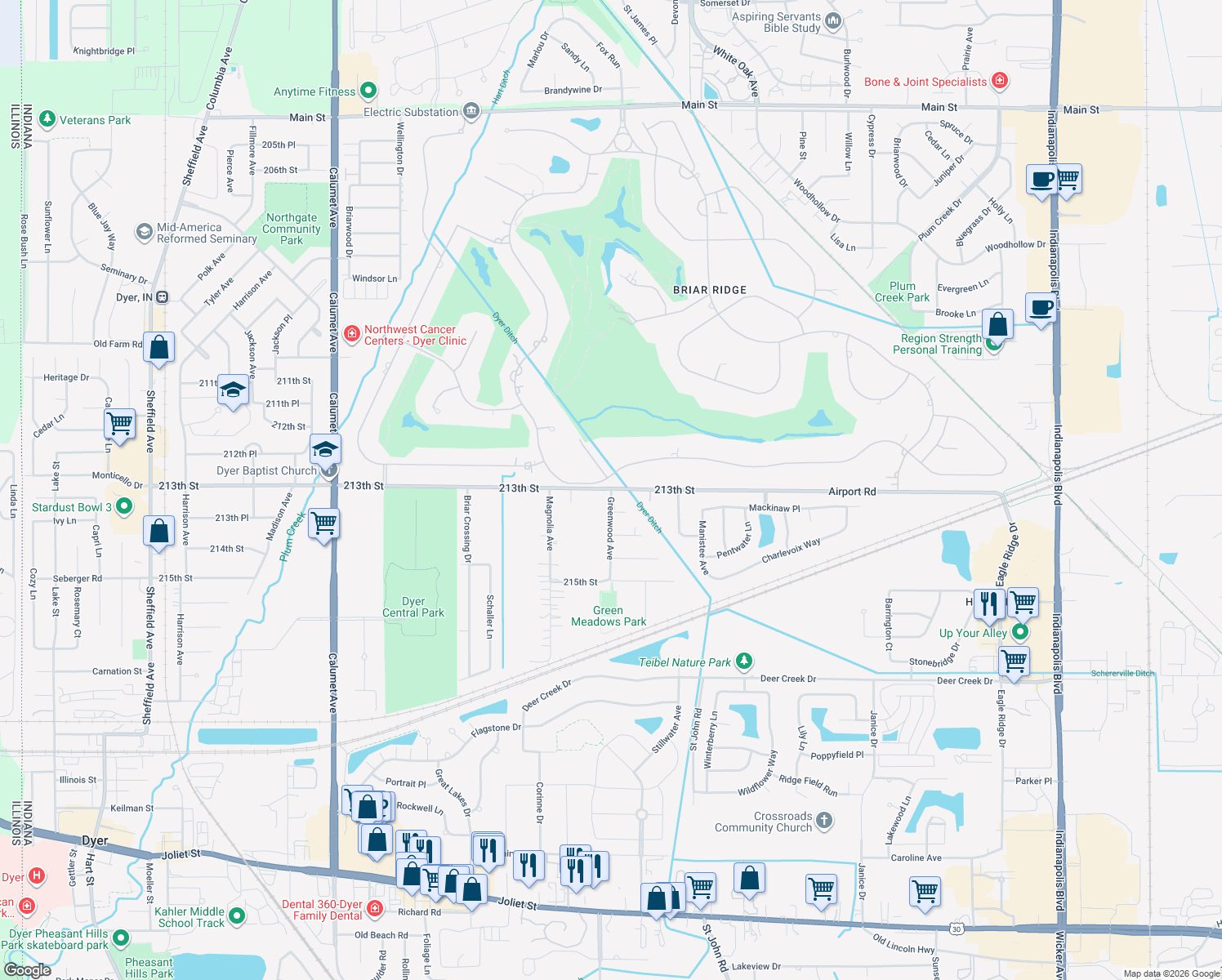 map of restaurants, bars, coffee shops, grocery stores, and more near 1398 East 213th Street in Dyer