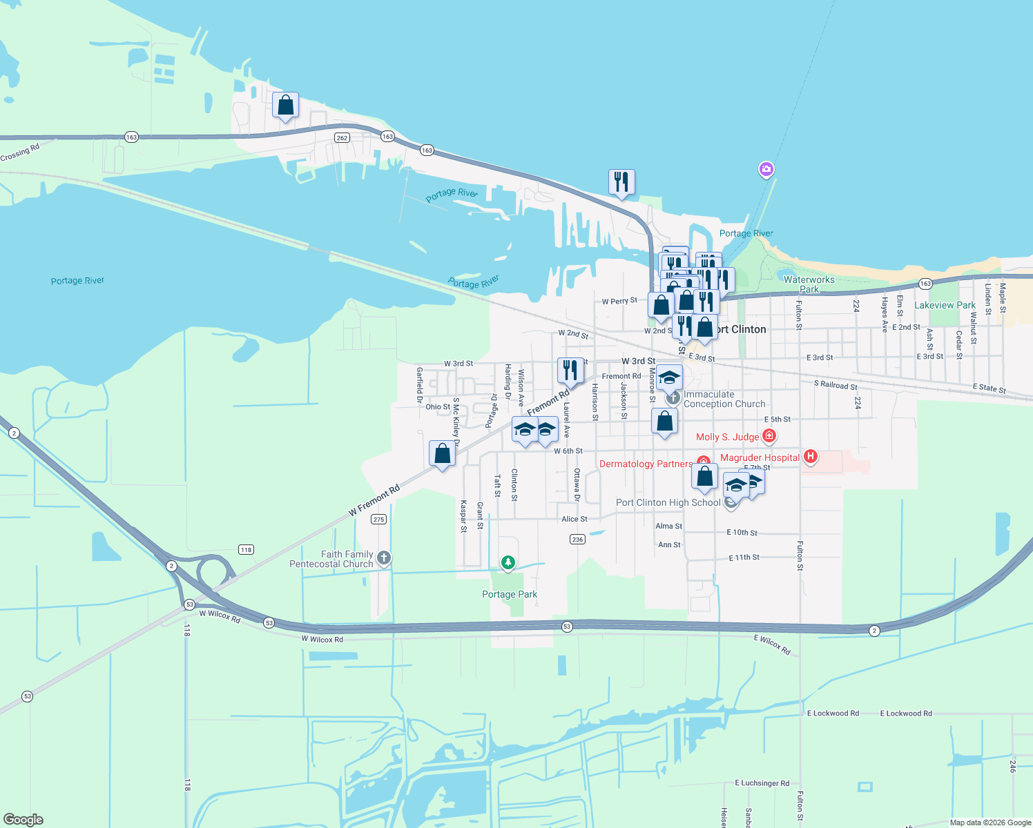 map of restaurants, bars, coffee shops, grocery stores, and more near 606 Fremont Road in Port Clinton