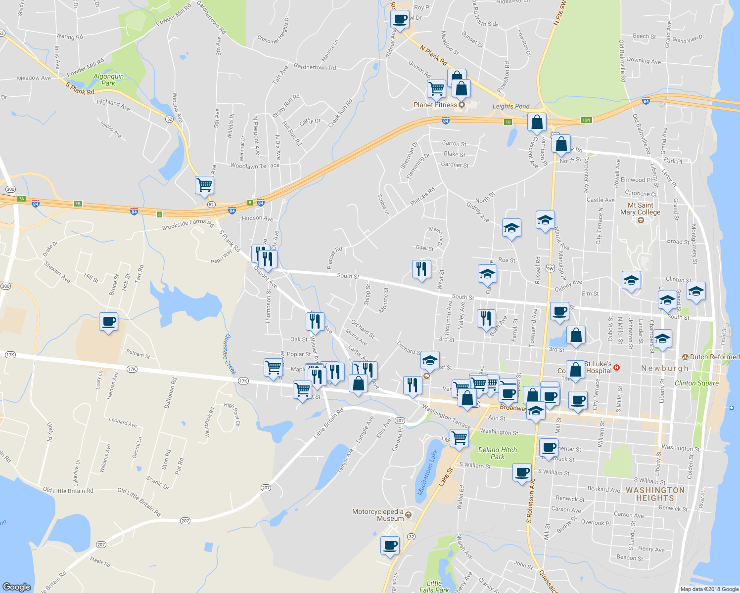 map of restaurants, bars, coffee shops, grocery stores, and more near 56 Shipp Street in Newburgh
