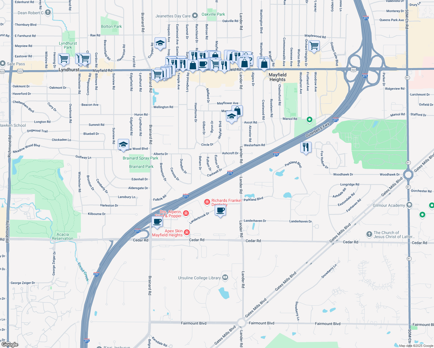 map of restaurants, bars, coffee shops, grocery stores, and more near 5900 Cantwell Drive in Mayfield Heights