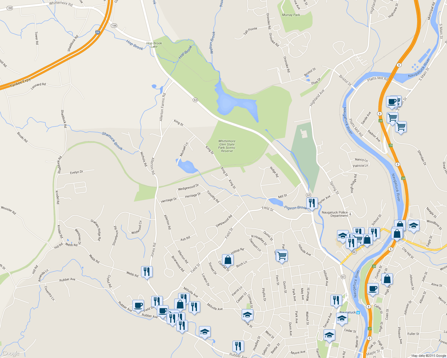map of restaurants, bars, coffee shops, grocery stores, and more near 24 Bridle Trail Drive in Naugatuck