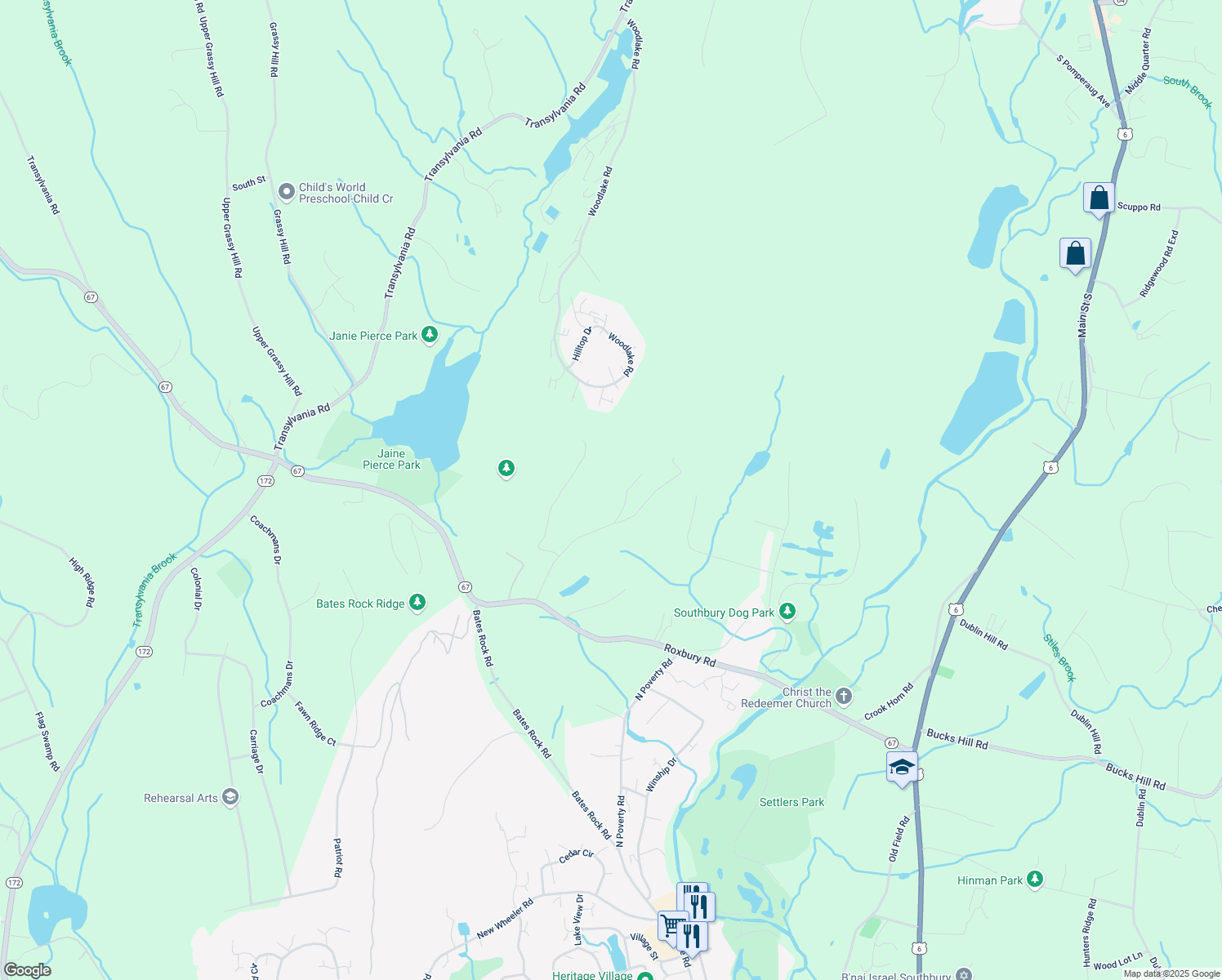 map of restaurants, bars, coffee shops, grocery stores, and more near 167 Hemlock Ridge Road in Southbury