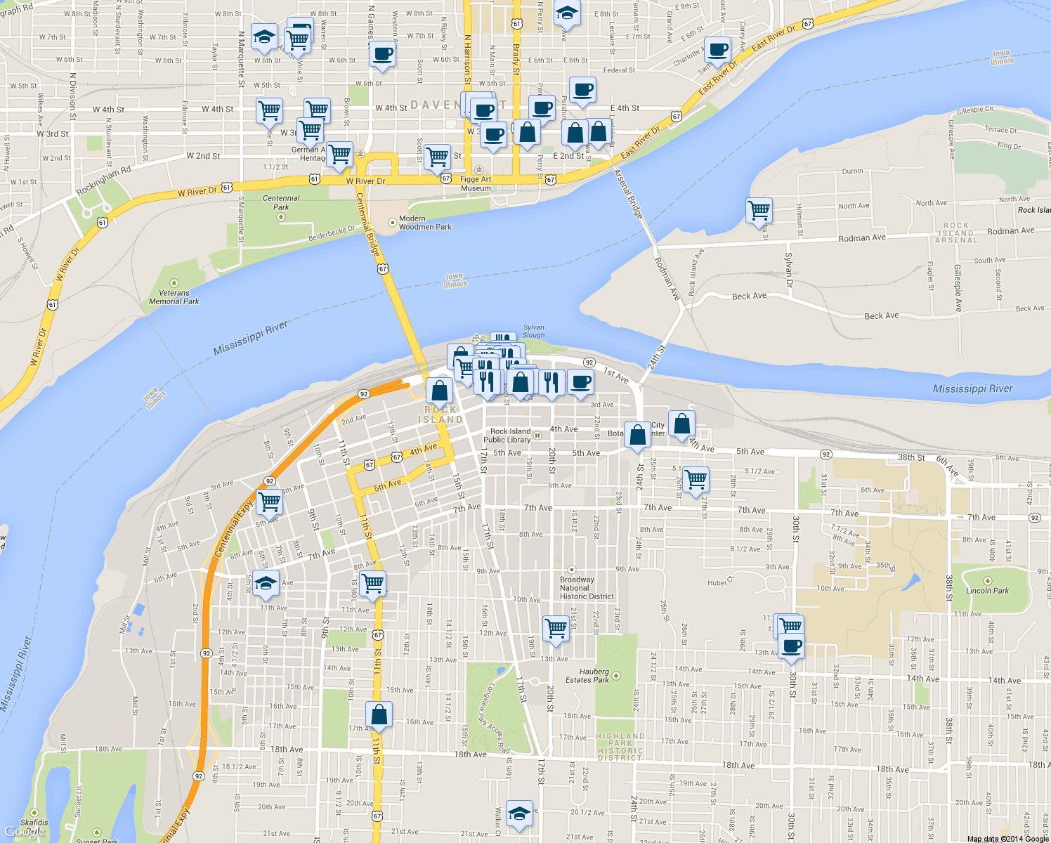 map of restaurants, bars, coffee shops, grocery stores, and more near 330 19 St in Rock Island