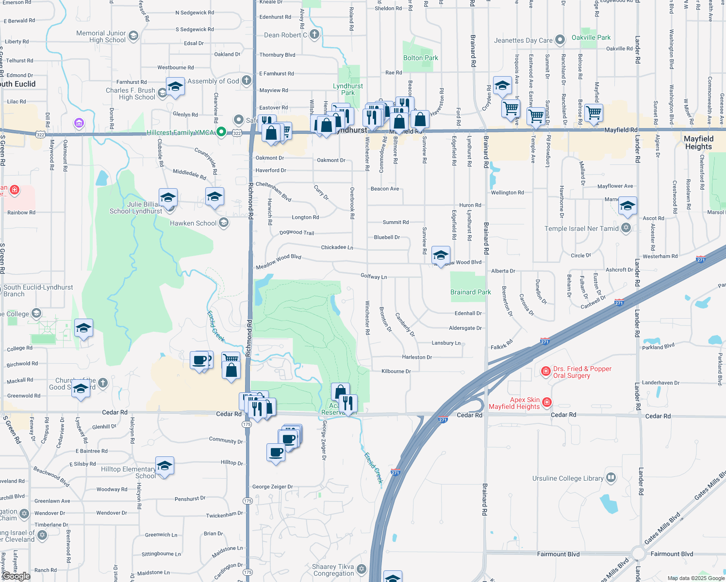 map of restaurants, bars, coffee shops, grocery stores, and more near 1856 Winchester Road in Lyndhurst
