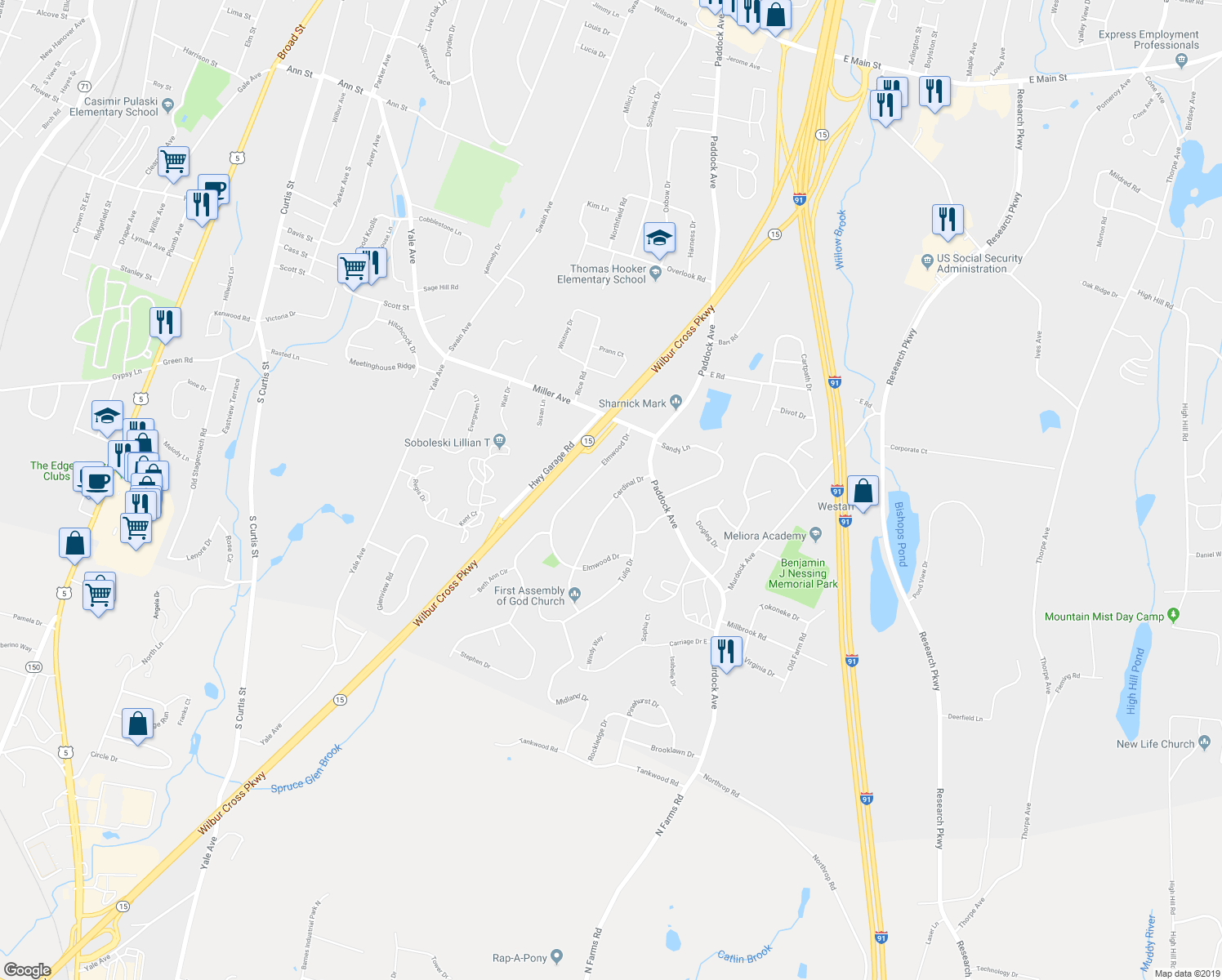 map of restaurants, bars, coffee shops, grocery stores, and more near 45 Cardinal Drive in Meriden