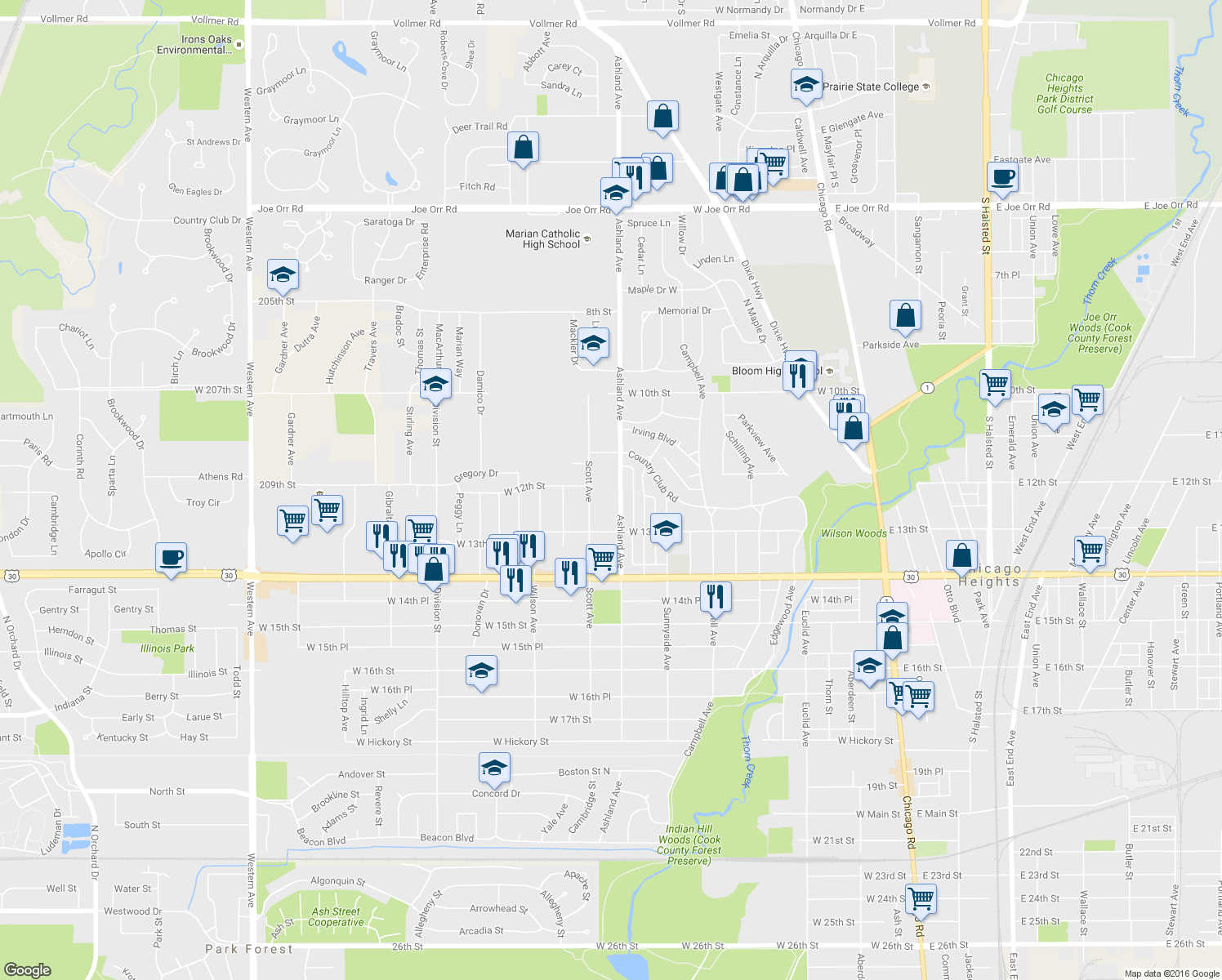 map of restaurants, bars, coffee shops, grocery stores, and more near 1204 Ashland Avenue in Chicago Heights