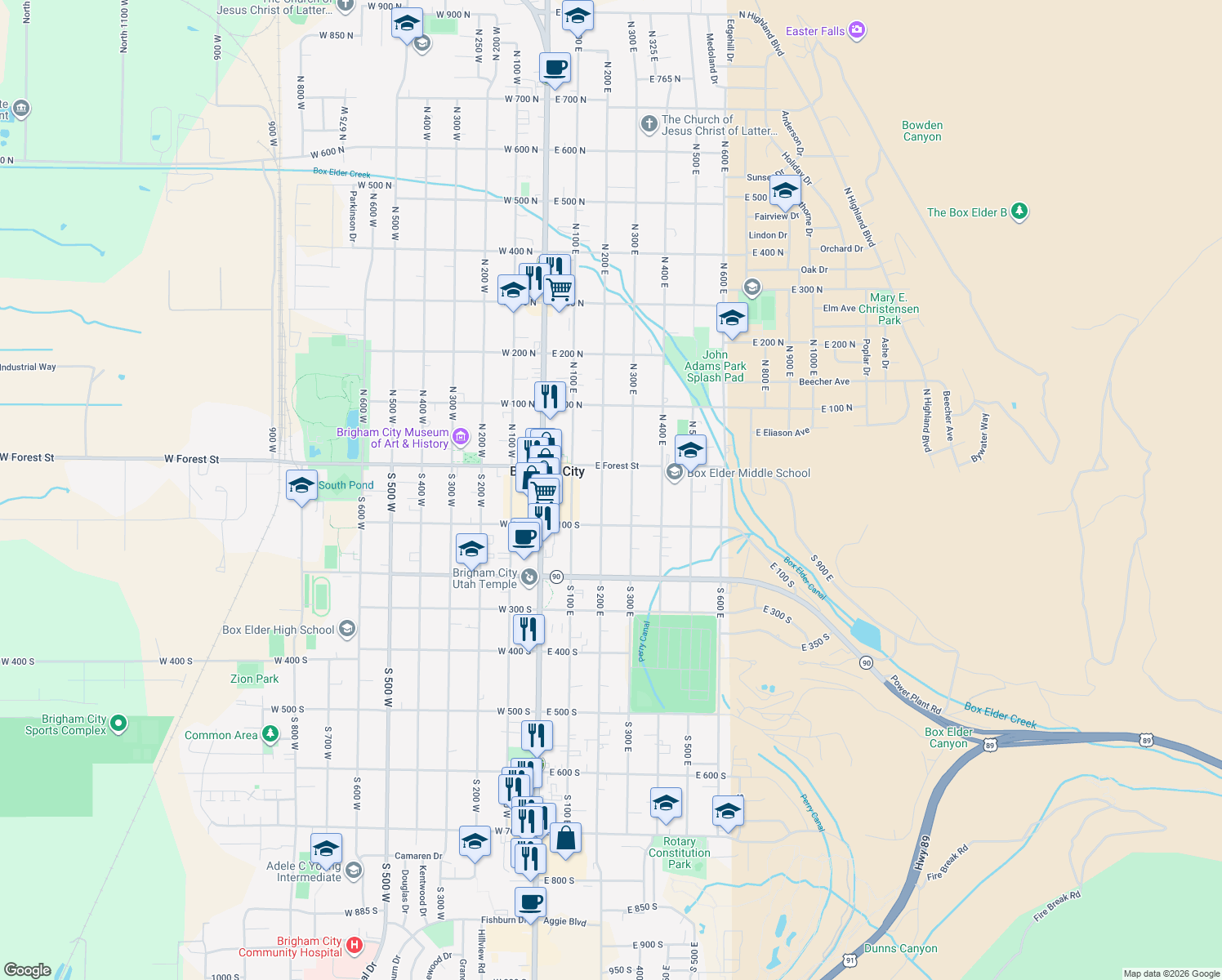 map of restaurants, bars, coffee shops, grocery stores, and more near 39 S 200 E in Brigham City