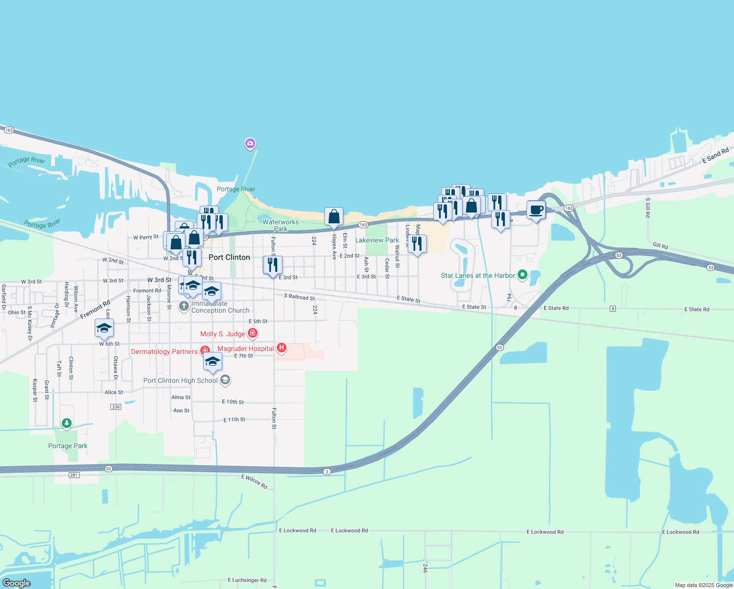 map of restaurants, bars, coffee shops, grocery stores, and more near 1098 E State St in Port Clinton
