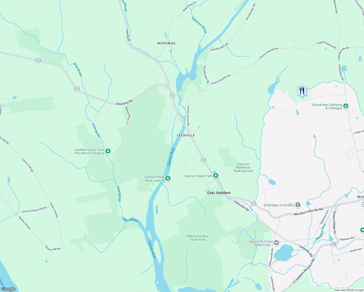 map of restaurants, bars, coffee shops, grocery stores, and more near 169 Leesville Road in East Haddam