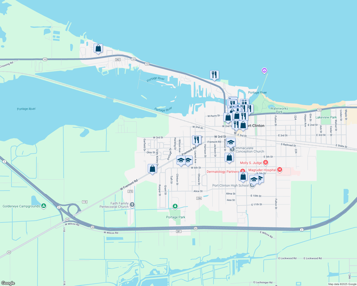 map of restaurants, bars, coffee shops, grocery stores, and more near 320 Wilson Avenue in Port Clinton