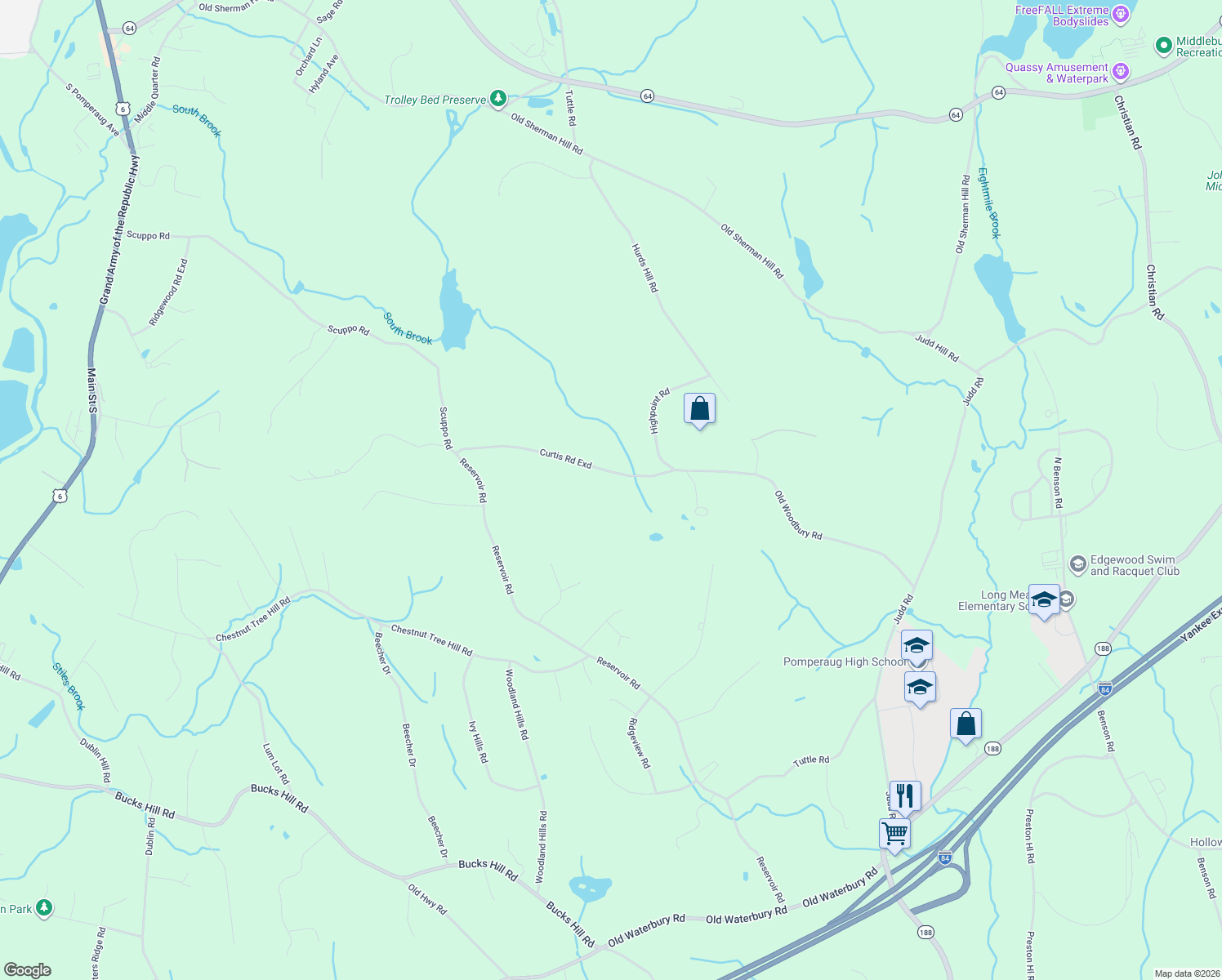 map of restaurants, bars, coffee shops, grocery stores, and more near 505 Old Woodbury Road in Southbury