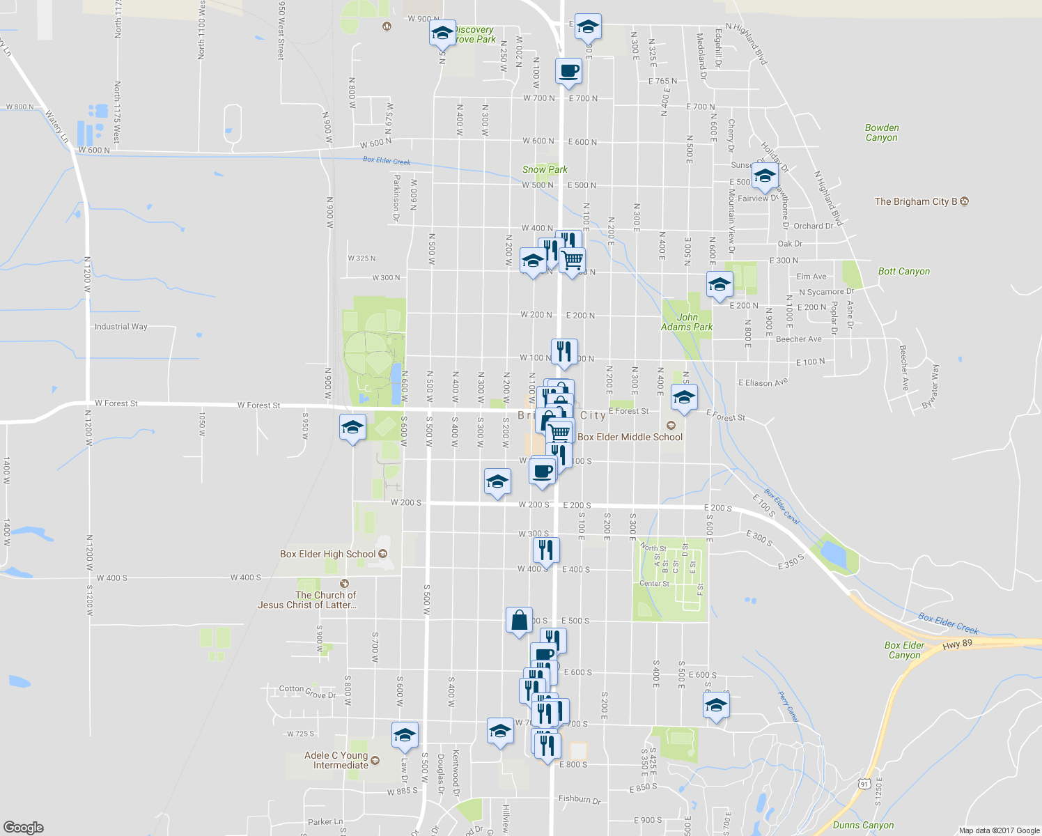 map of restaurants, bars, coffee shops, grocery stores, and more near 117 West Forest Street in Brigham City