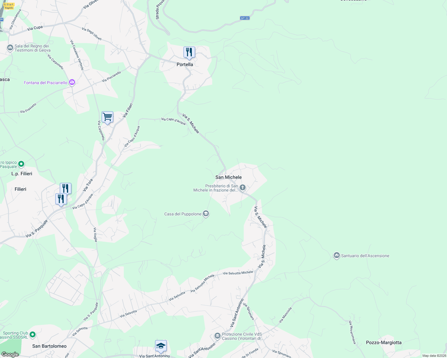 map of restaurants, bars, coffee shops, grocery stores, and more near 15 Strada San Michele in Provincia di Frosinone