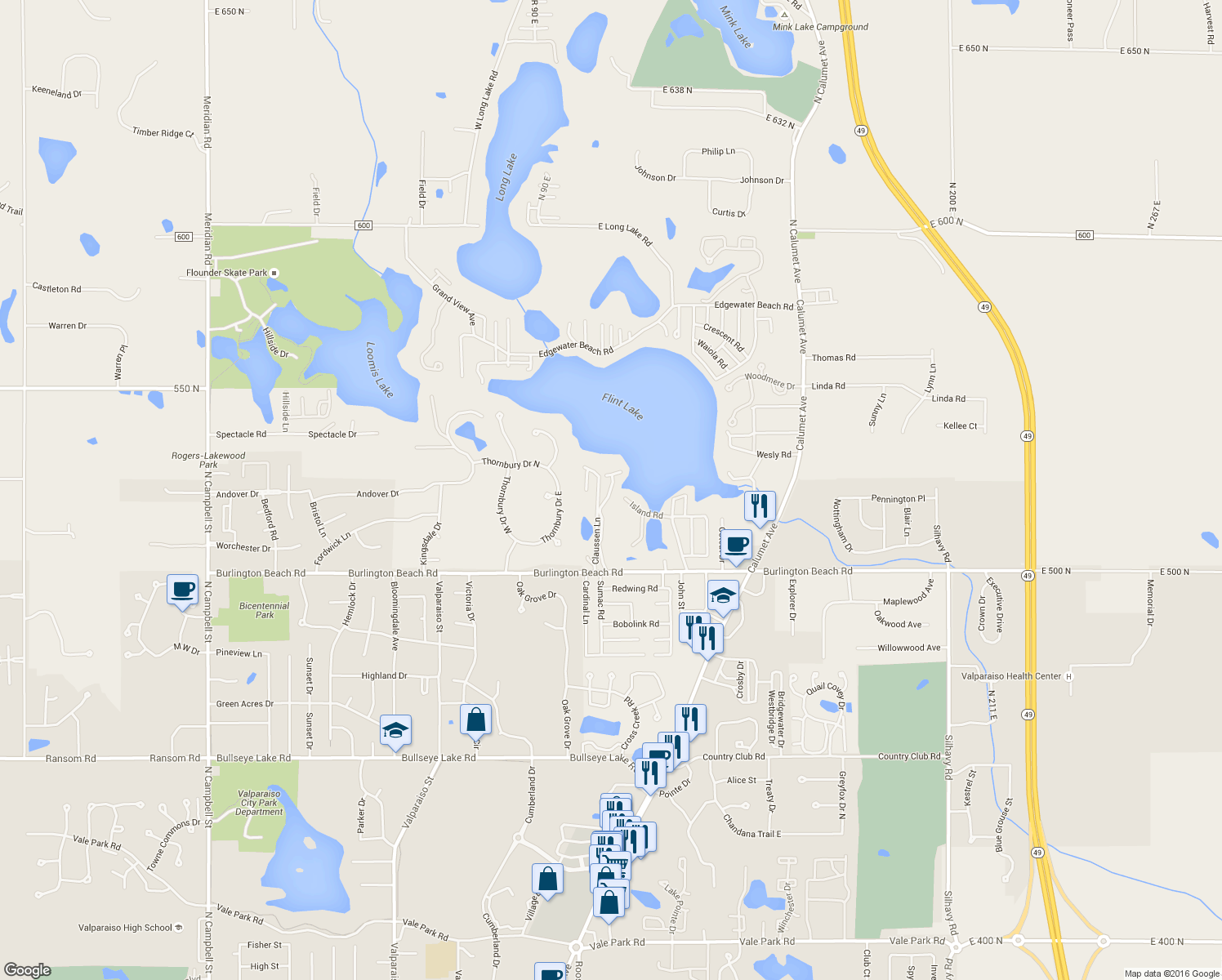 map of restaurants, bars, coffee shops, grocery stores, and more near 4710 Lowenstines Lane in Valparaiso
