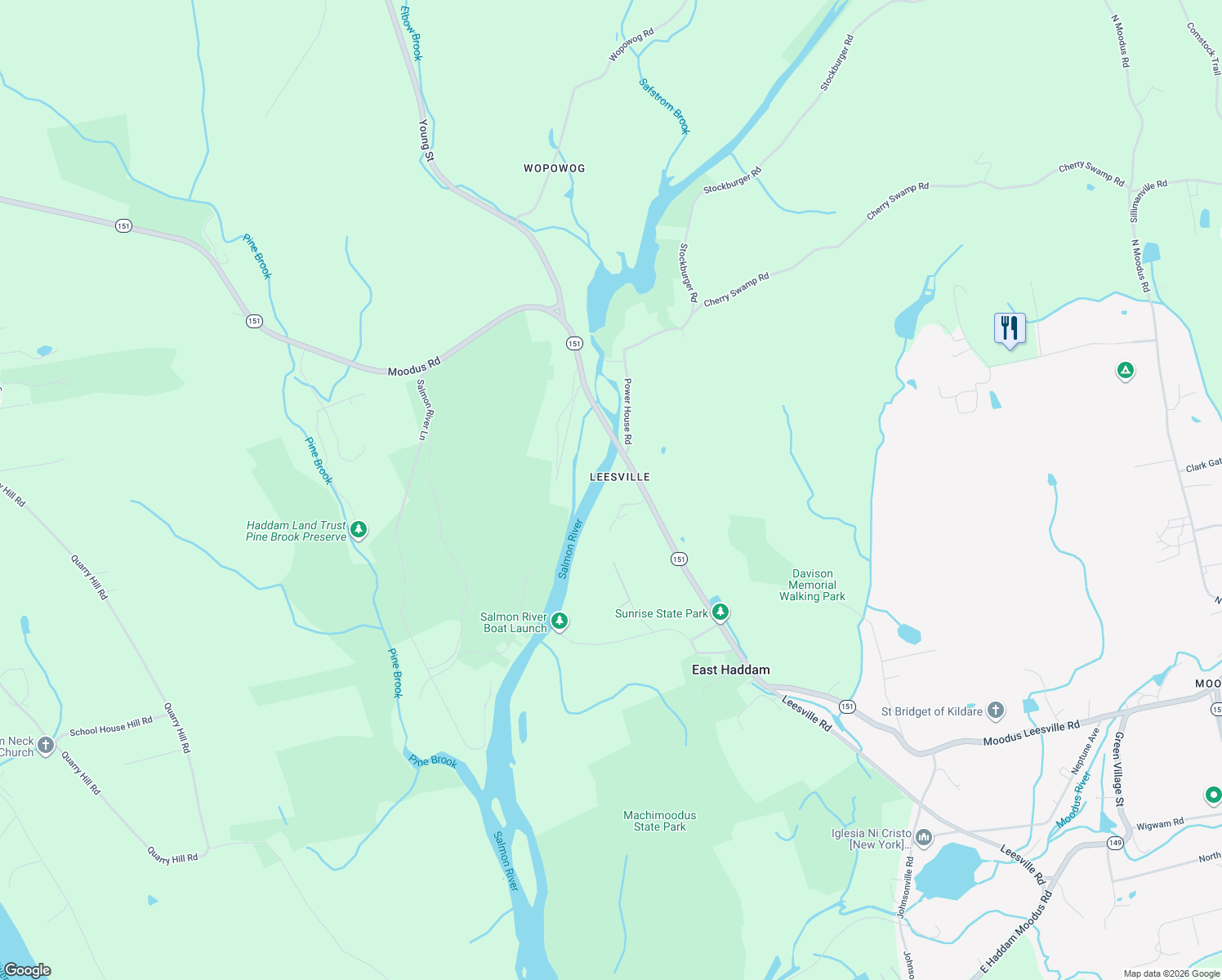 map of restaurants, bars, coffee shops, grocery stores, and more near 173 Leesville Road in East Haddam