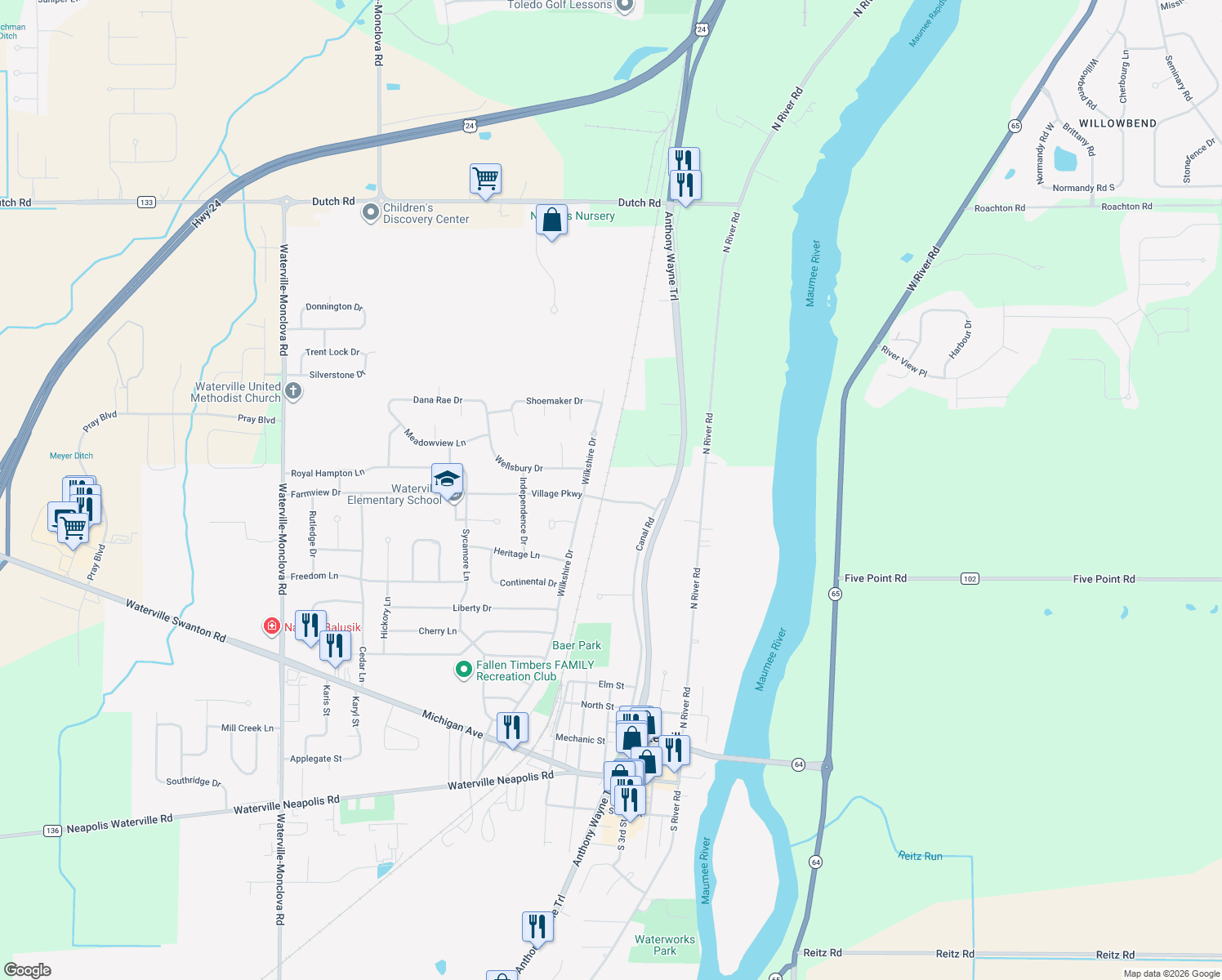 map of restaurants, bars, coffee shops, grocery stores, and more near 770 Village Pkwy in Waterville