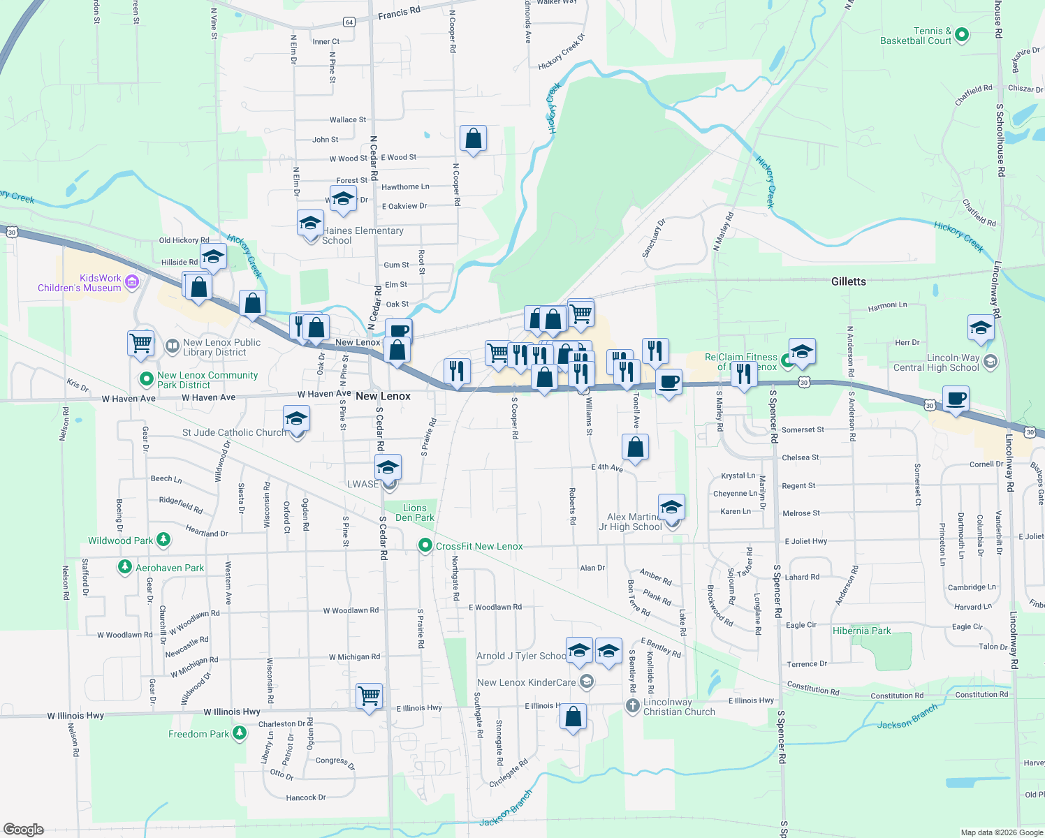map of restaurants, bars, coffee shops, grocery stores, and more near 130 S Cooper Rd in New Lenox