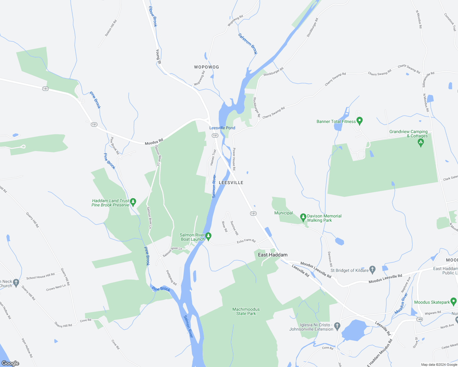map of restaurants, bars, coffee shops, grocery stores, and more near 173 Leesville Road in East Haddam