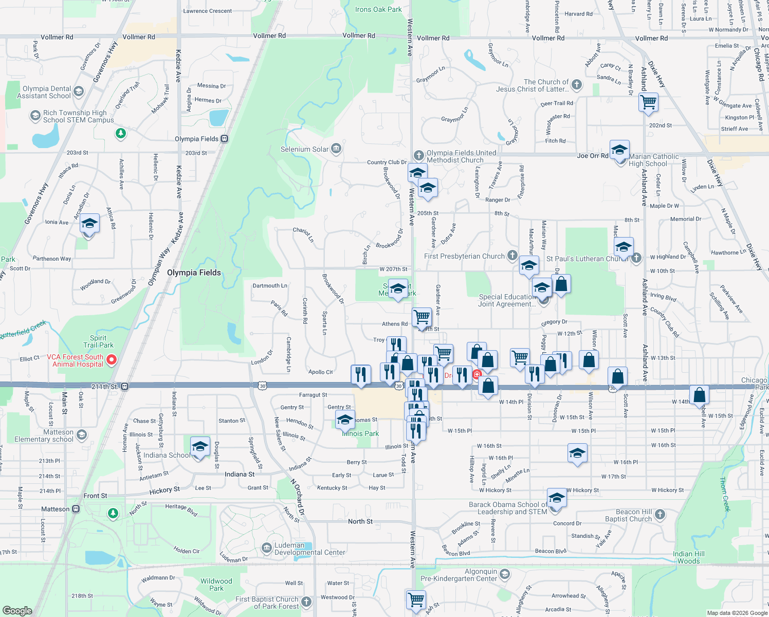 map of restaurants, bars, coffee shops, grocery stores, and more near 20820 Western Avenue in Olympia Fields