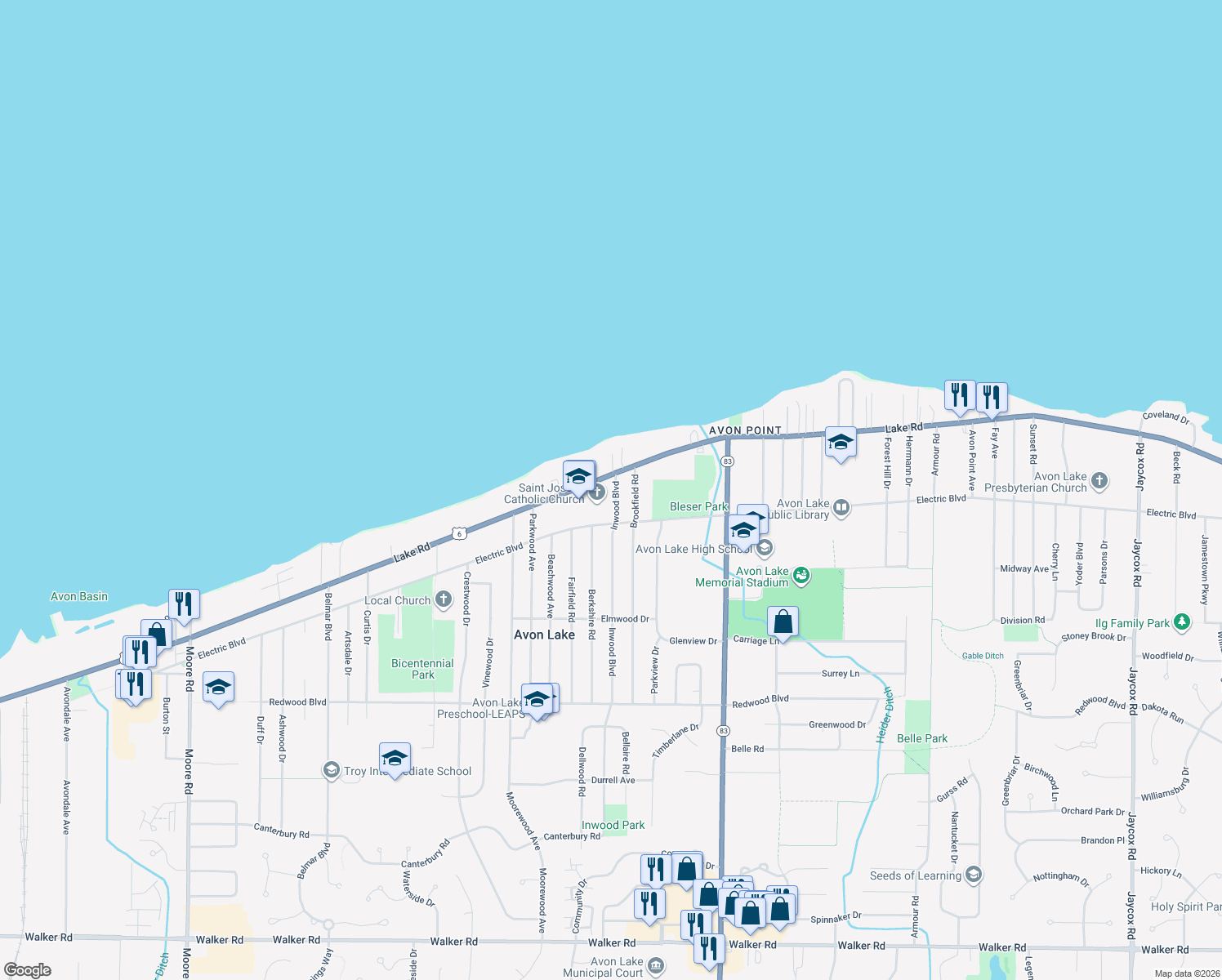 map of restaurants, bars, coffee shops, grocery stores, and more near 112 Inwood Blvd in Avon Lake