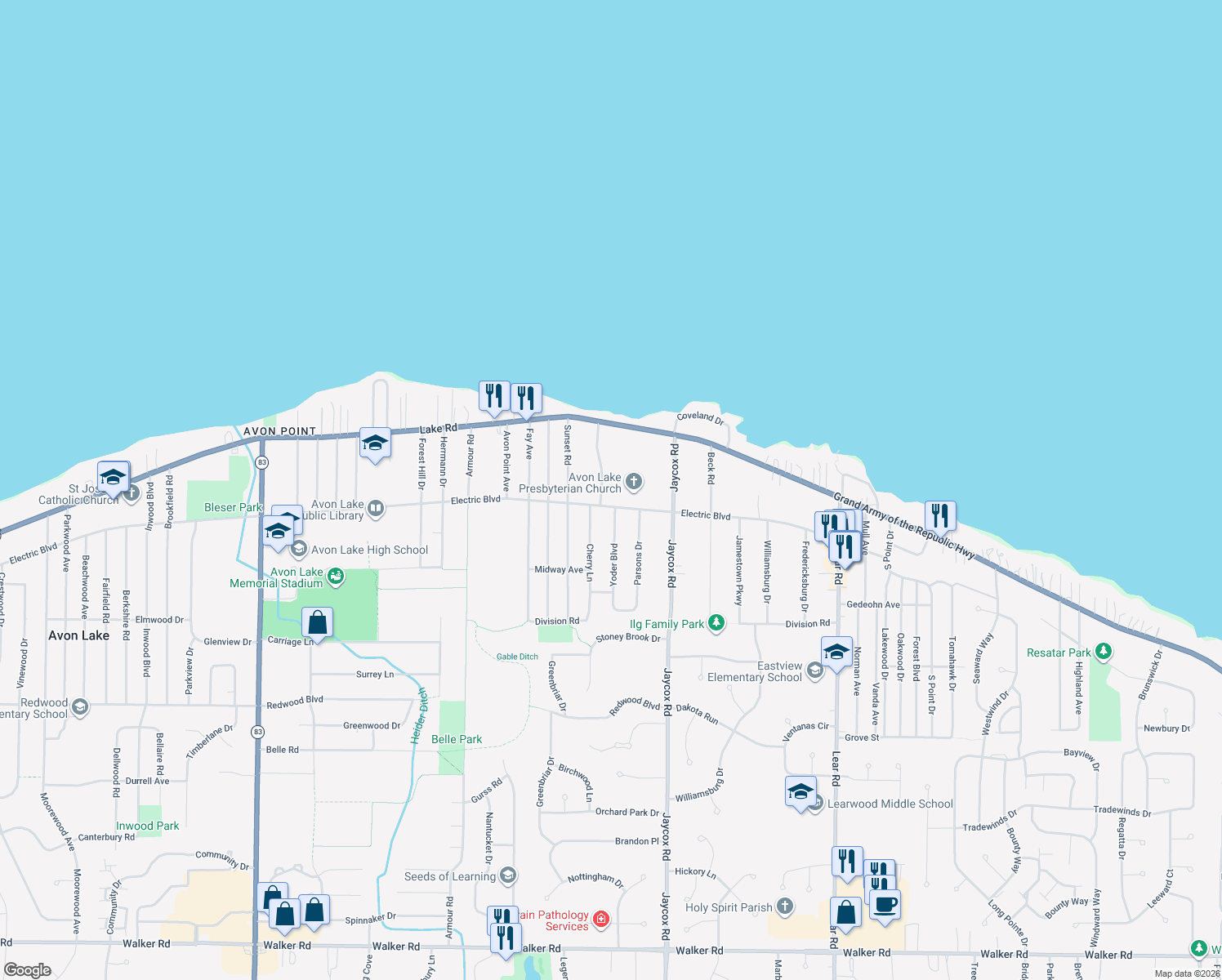 map of restaurants, bars, coffee shops, grocery stores, and more near 151 Harvey Parkway in Avon Lake