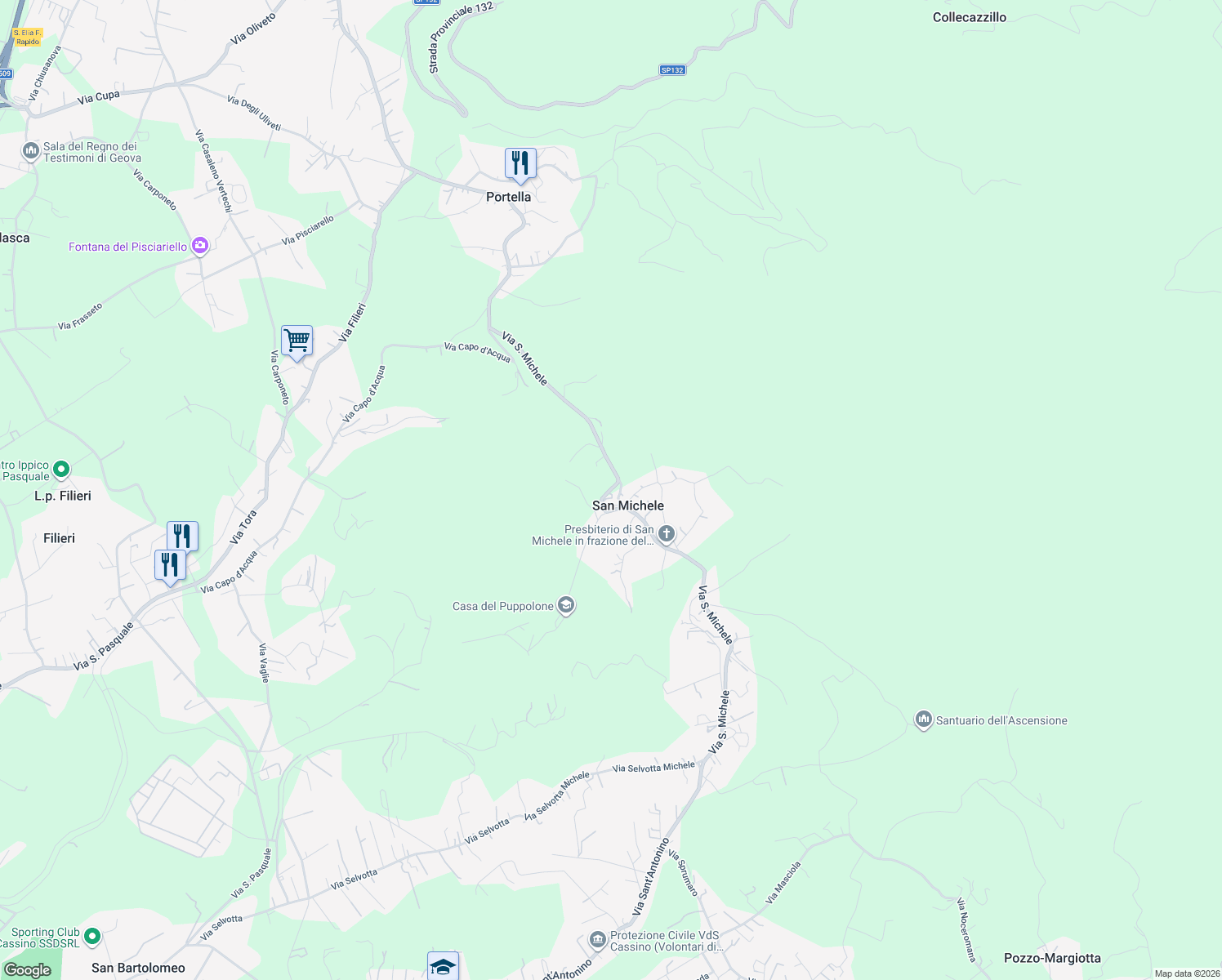map of restaurants, bars, coffee shops, grocery stores, and more near 15 Strada San Michele in Provincia di Frosinone