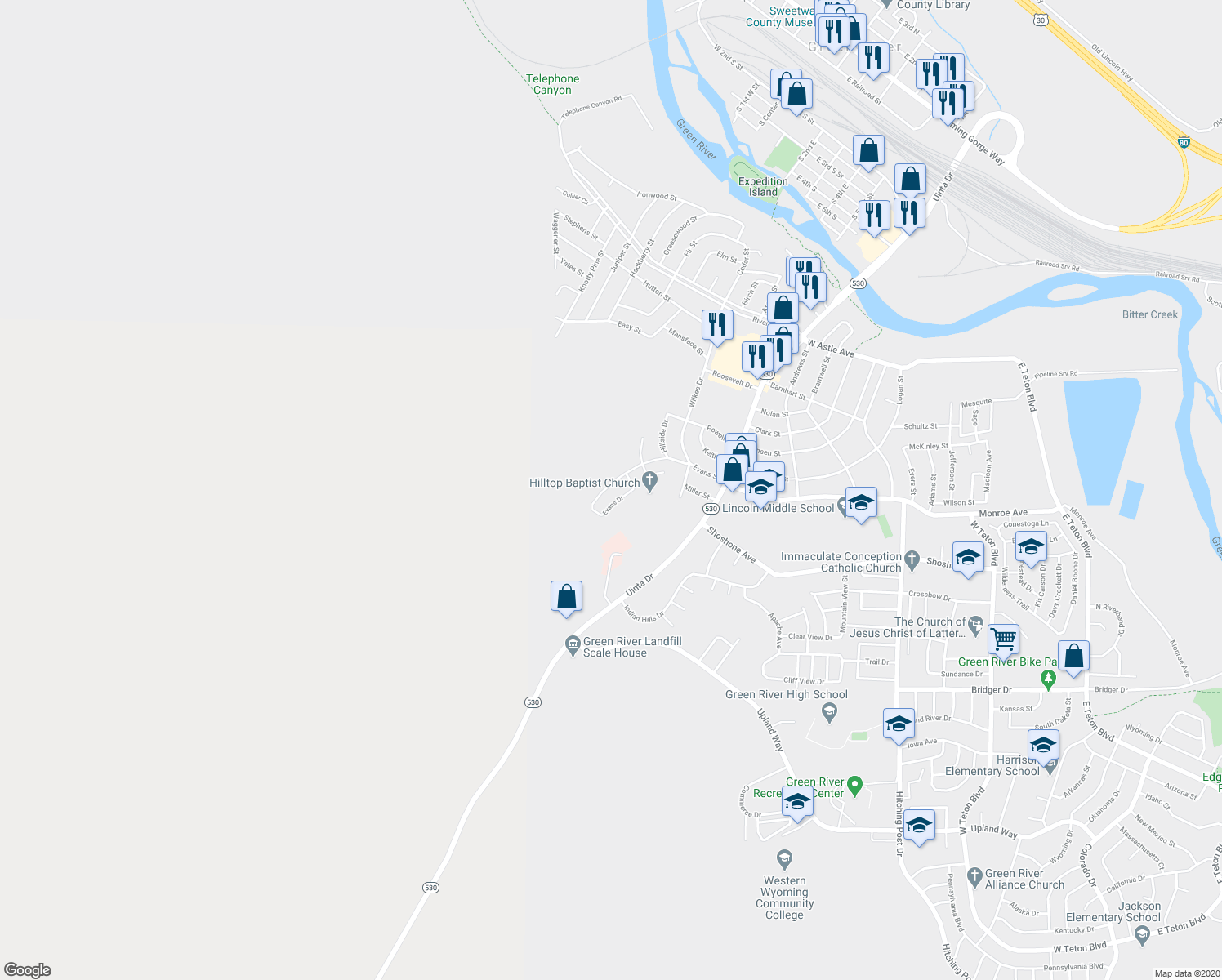 map of restaurants, bars, coffee shops, grocery stores, and more near 425 Evans Dr in Green River