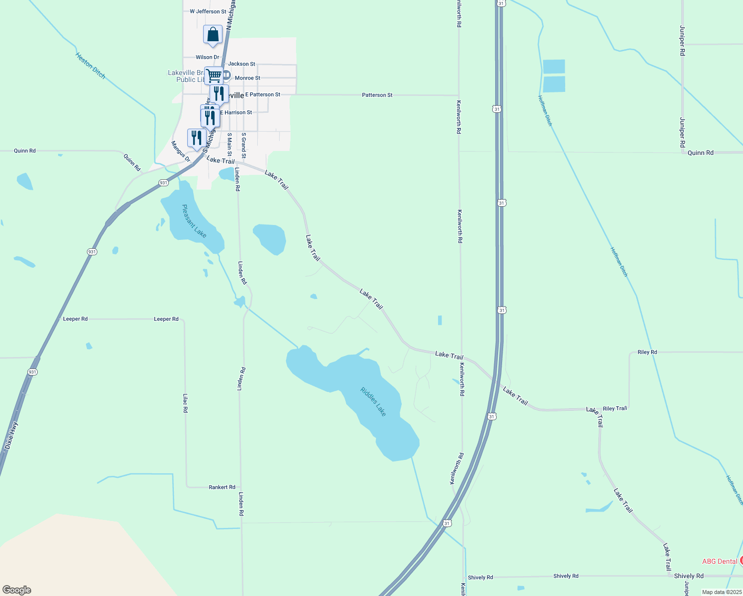 map of restaurants, bars, coffee shops, grocery stores, and more near 67598 Lake Trail in Lakeville