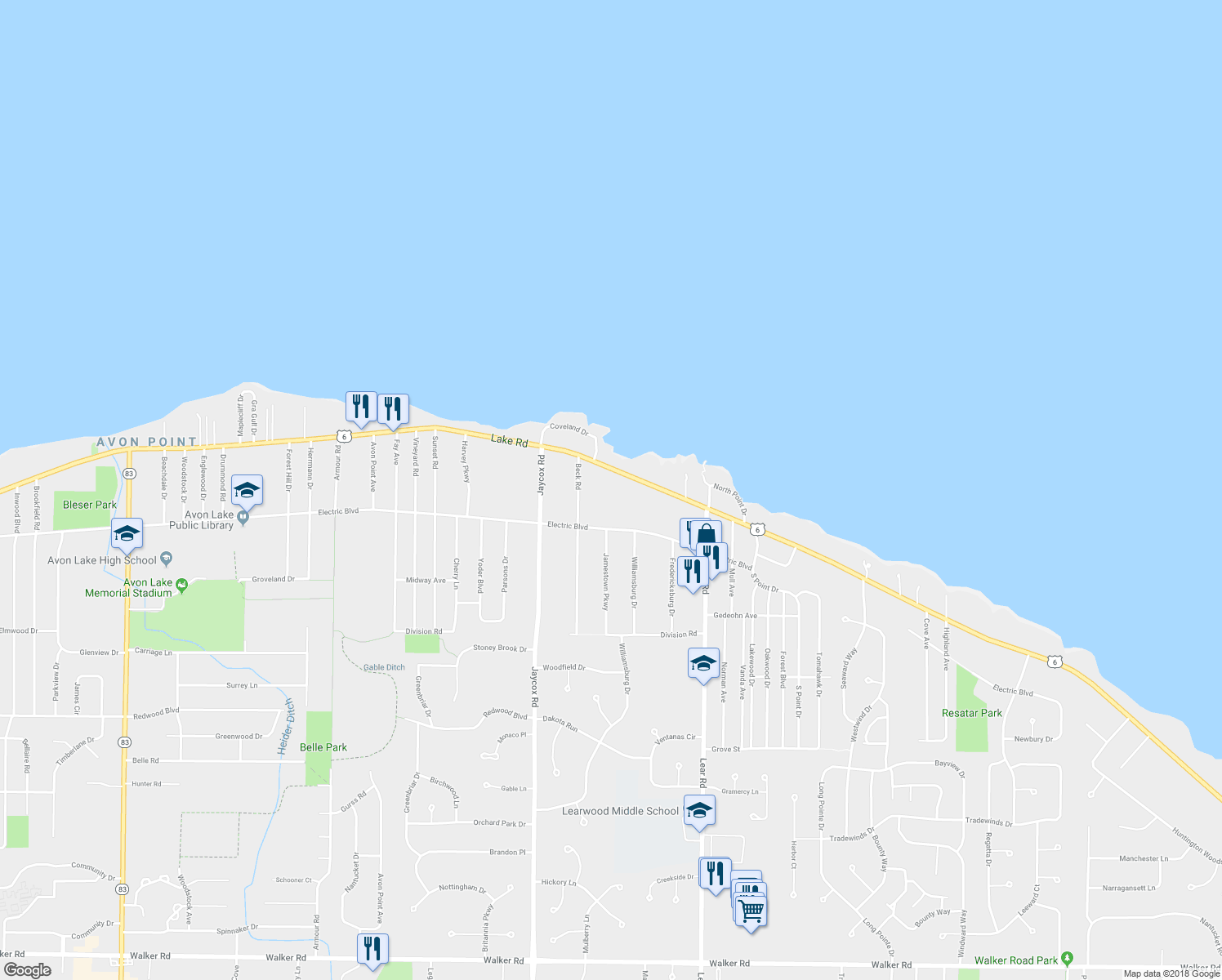 map of restaurants, bars, coffee shops, grocery stores, and more near 32197 Lake Road in Avon Lake