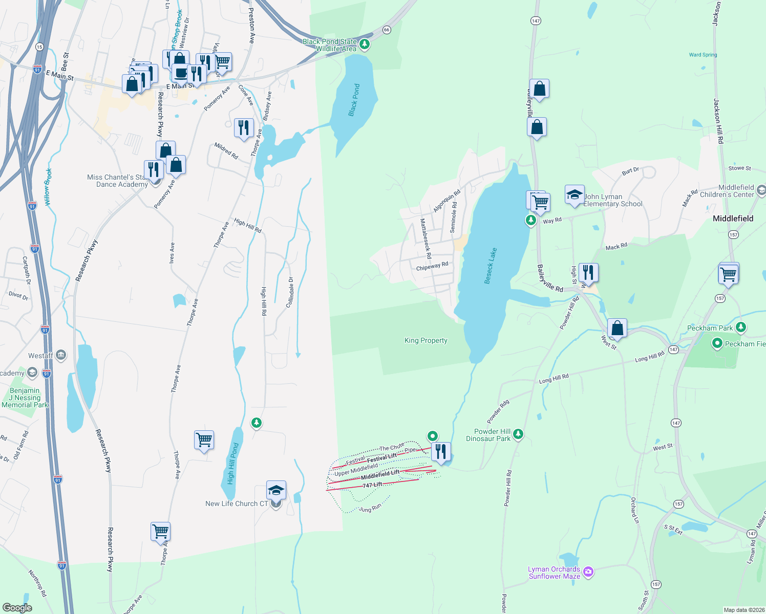 map of restaurants, bars, coffee shops, grocery stores, and more near 98 Passiac Road in Middlefield