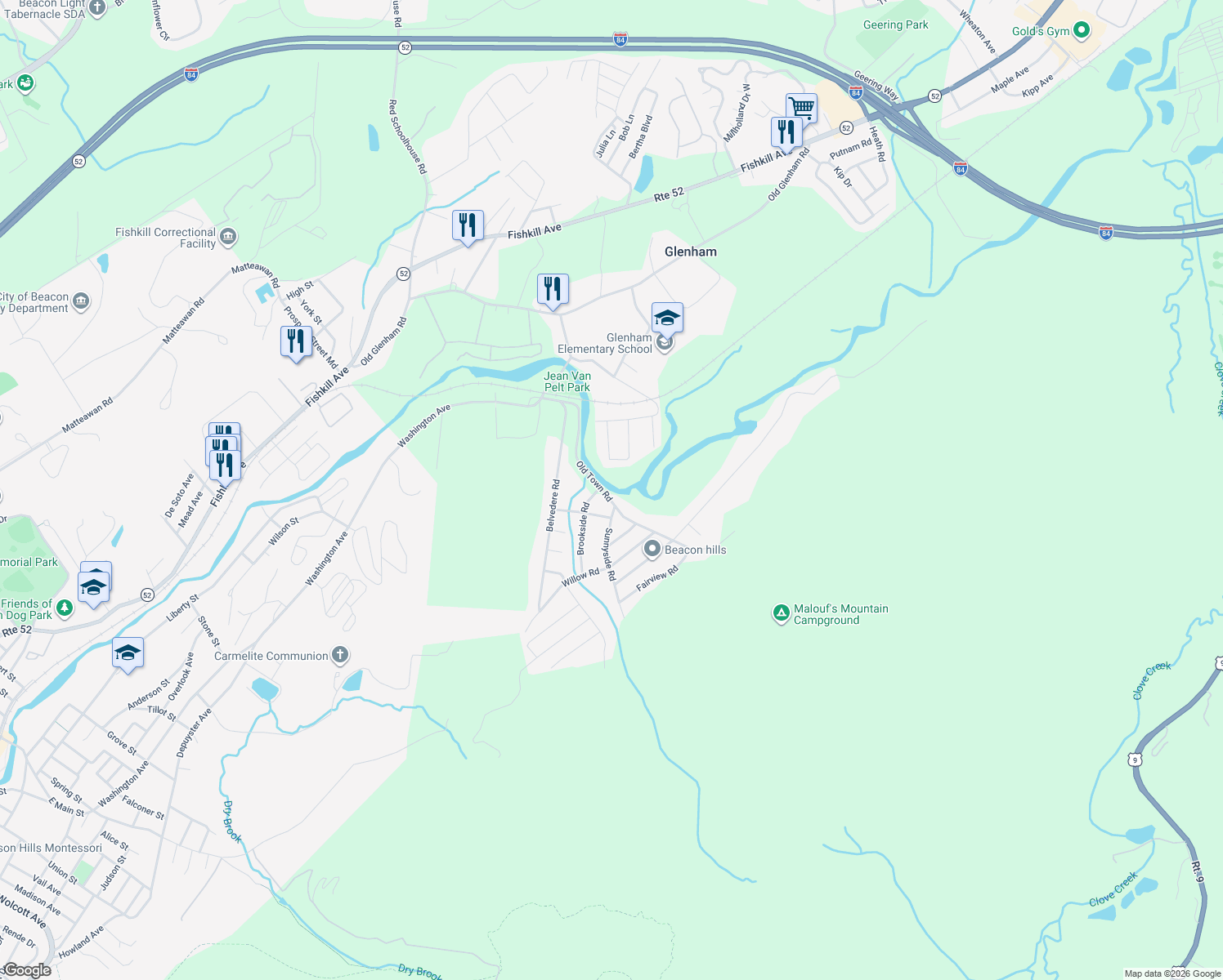 map of restaurants, bars, coffee shops, grocery stores, and more near 1 Old Town Rd in Beacon