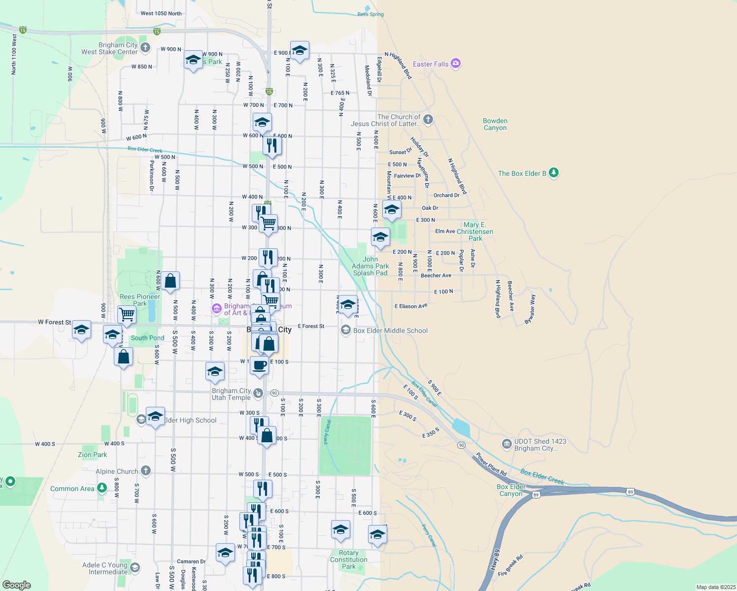 map of restaurants, bars, coffee shops, grocery stores, and more near 520 E 100 N in Brigham City