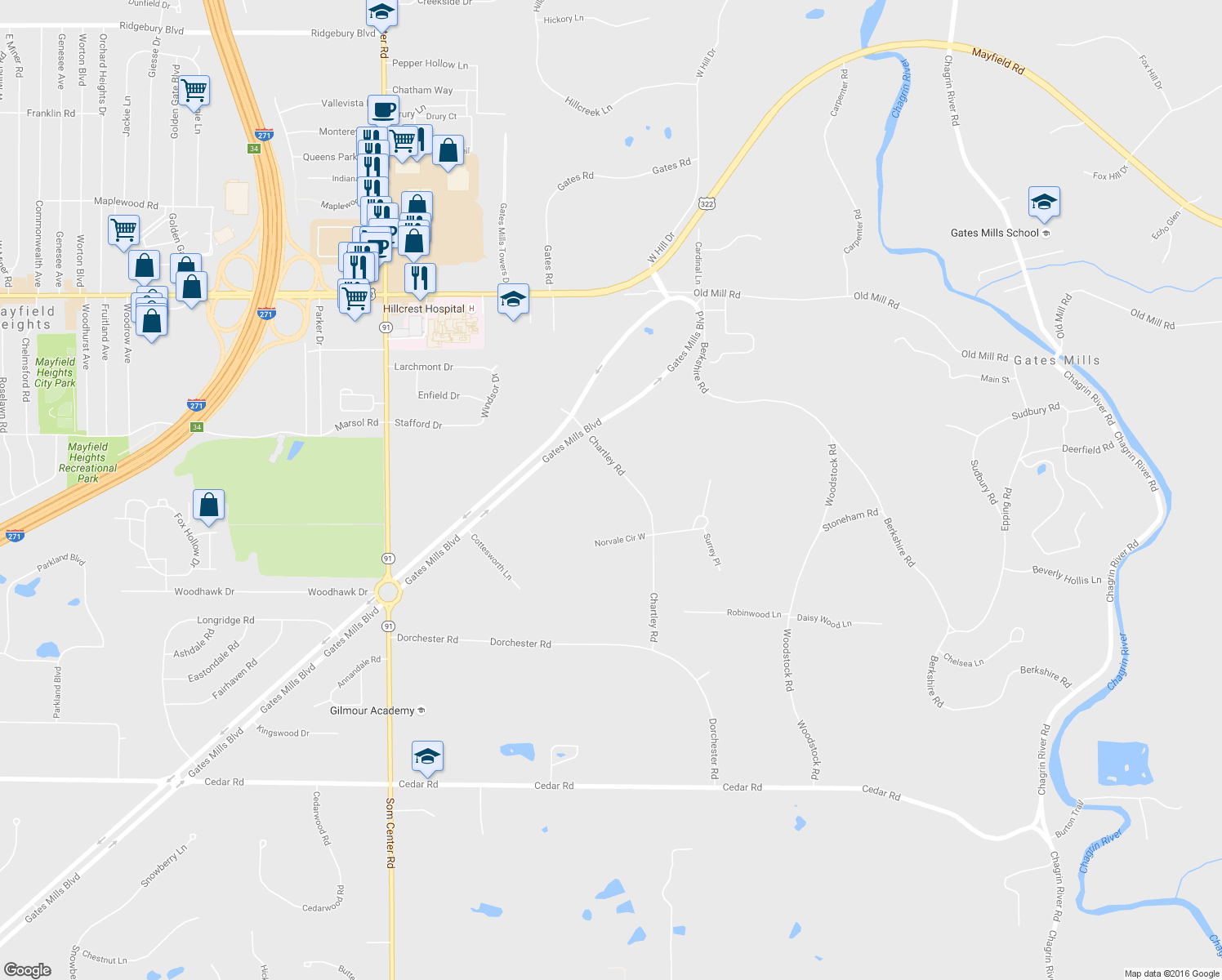 map of restaurants, bars, coffee shops, grocery stores, and more near 1742 Chartley Road in Gates Mills