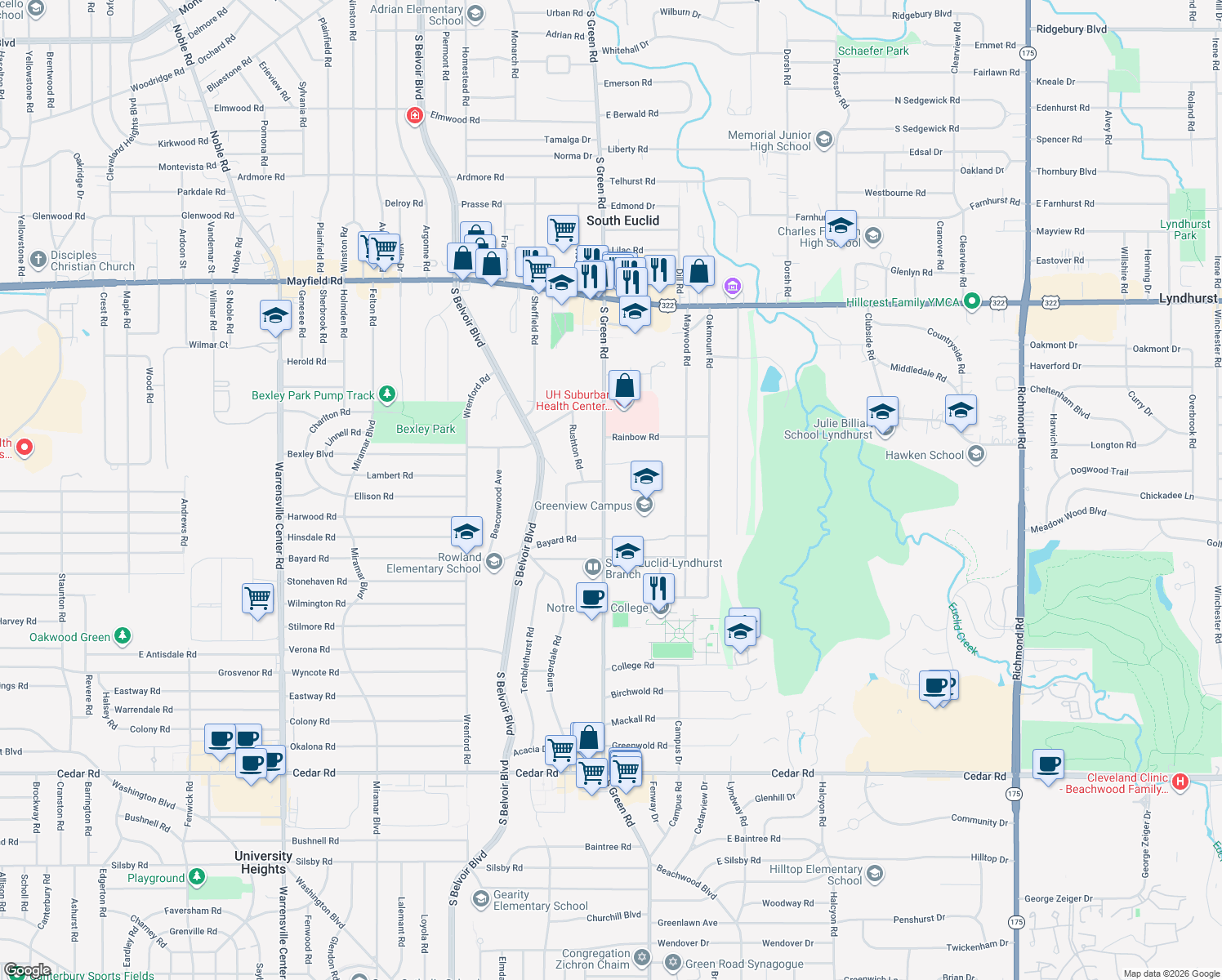 map of restaurants, bars, coffee shops, grocery stores, and more near 1745 South Green Road in South Euclid