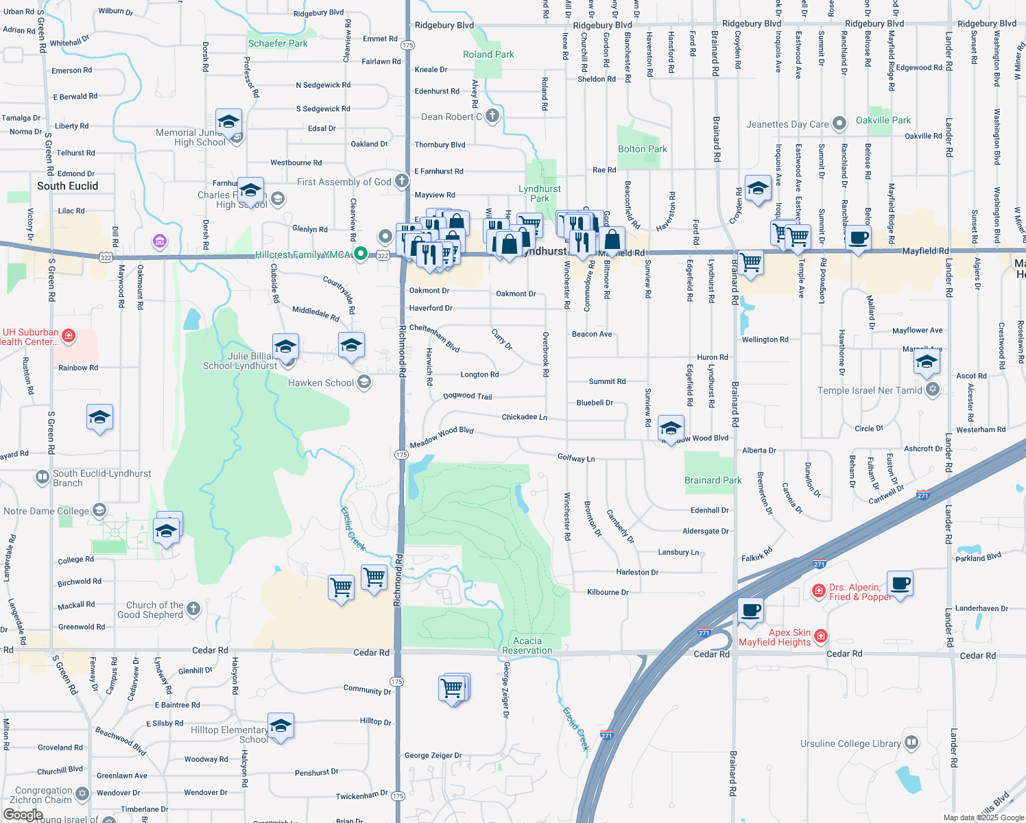 map of restaurants, bars, coffee shops, grocery stores, and more near 5245 Chickadee Ln in Lyndhurst