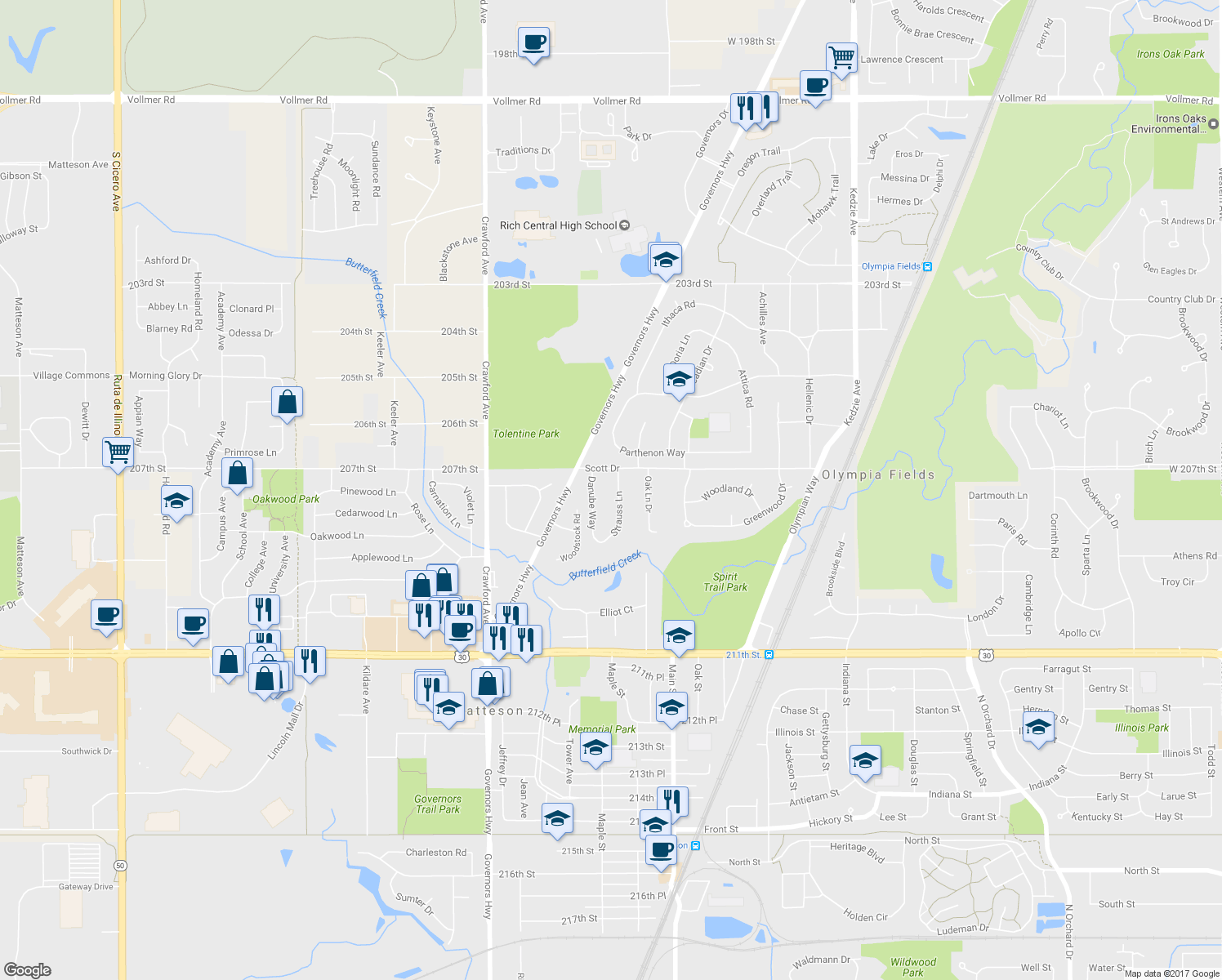 map of restaurants, bars, coffee shops, grocery stores, and more near 10 Strauss Lane in Olympia Fields
