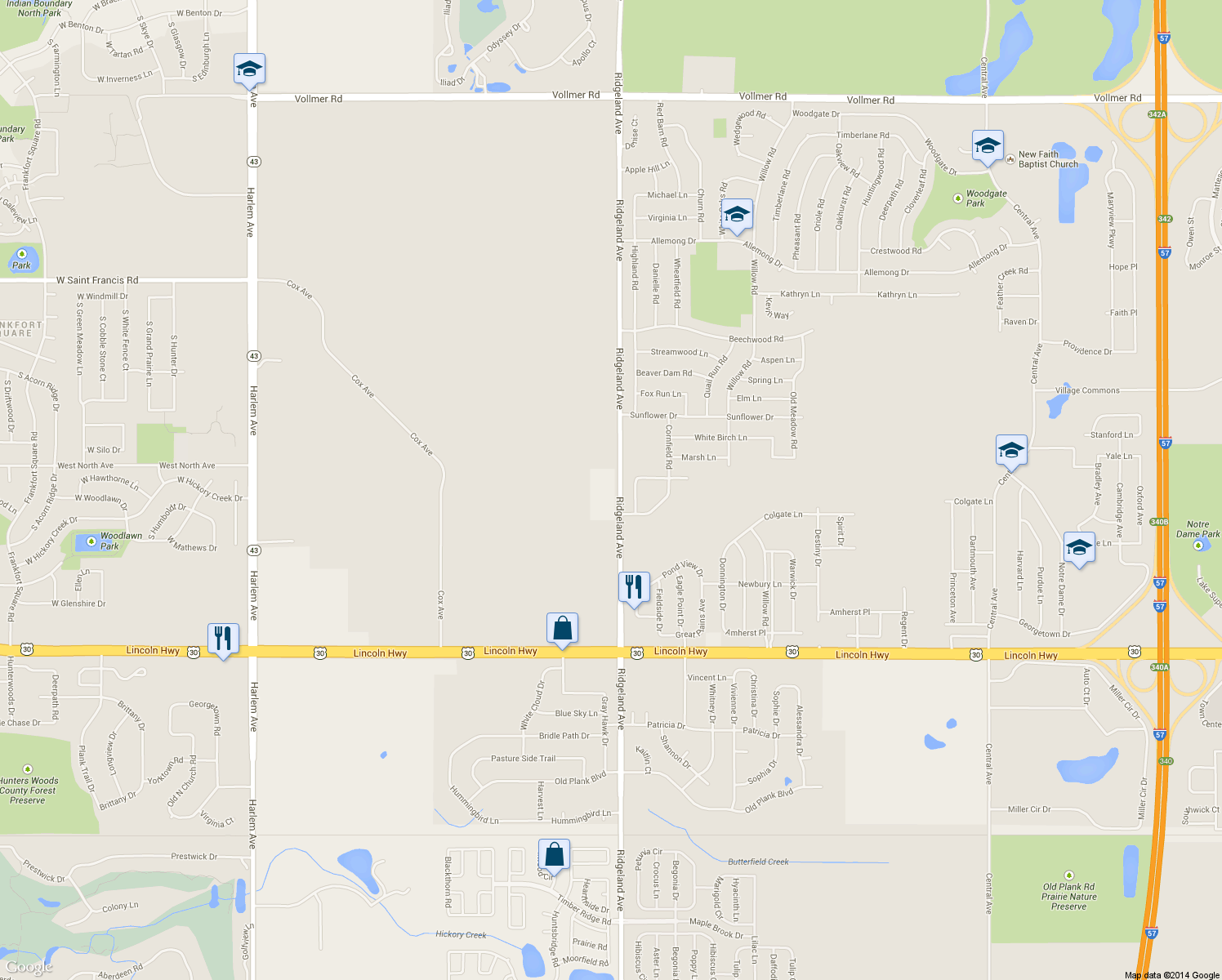 map of restaurants, bars, coffee shops, grocery stores, and more near 20704 South Ridgeland Avenue in Frankfort