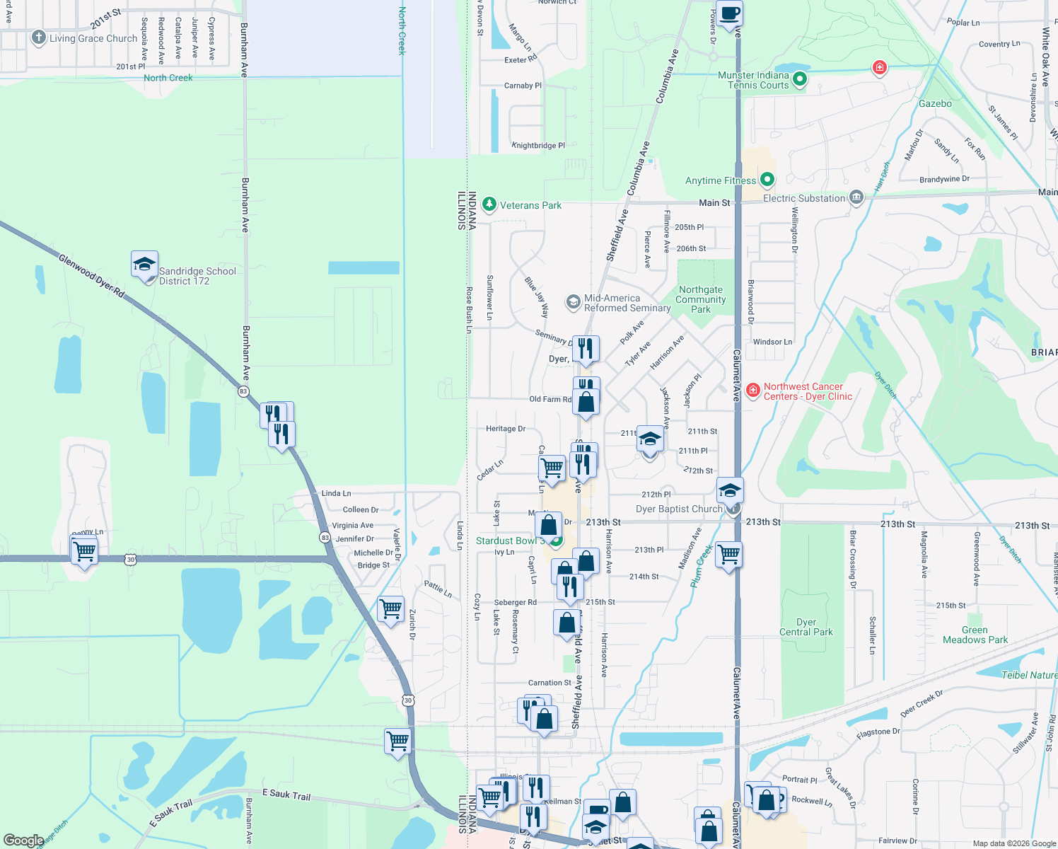 map of restaurants, bars, coffee shops, grocery stores, and more near 133 Heritage Drive in Dyer