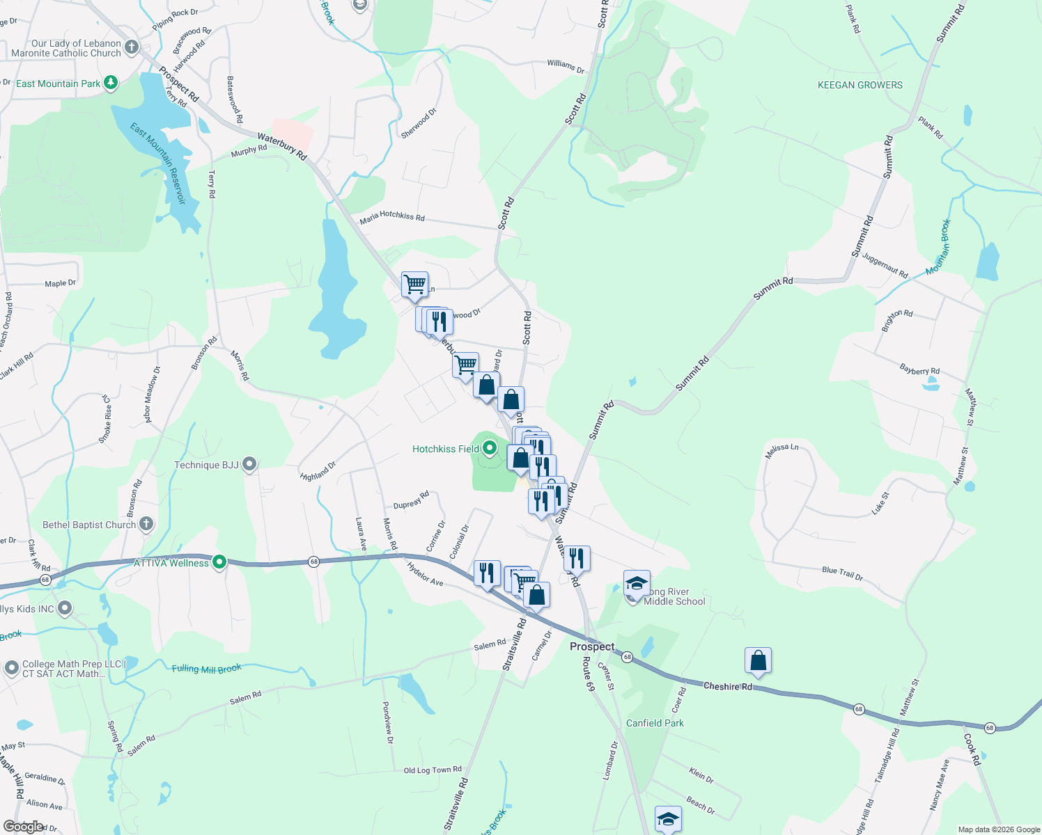 map of restaurants, bars, coffee shops, grocery stores, and more near 10 Scott Road in Prospect