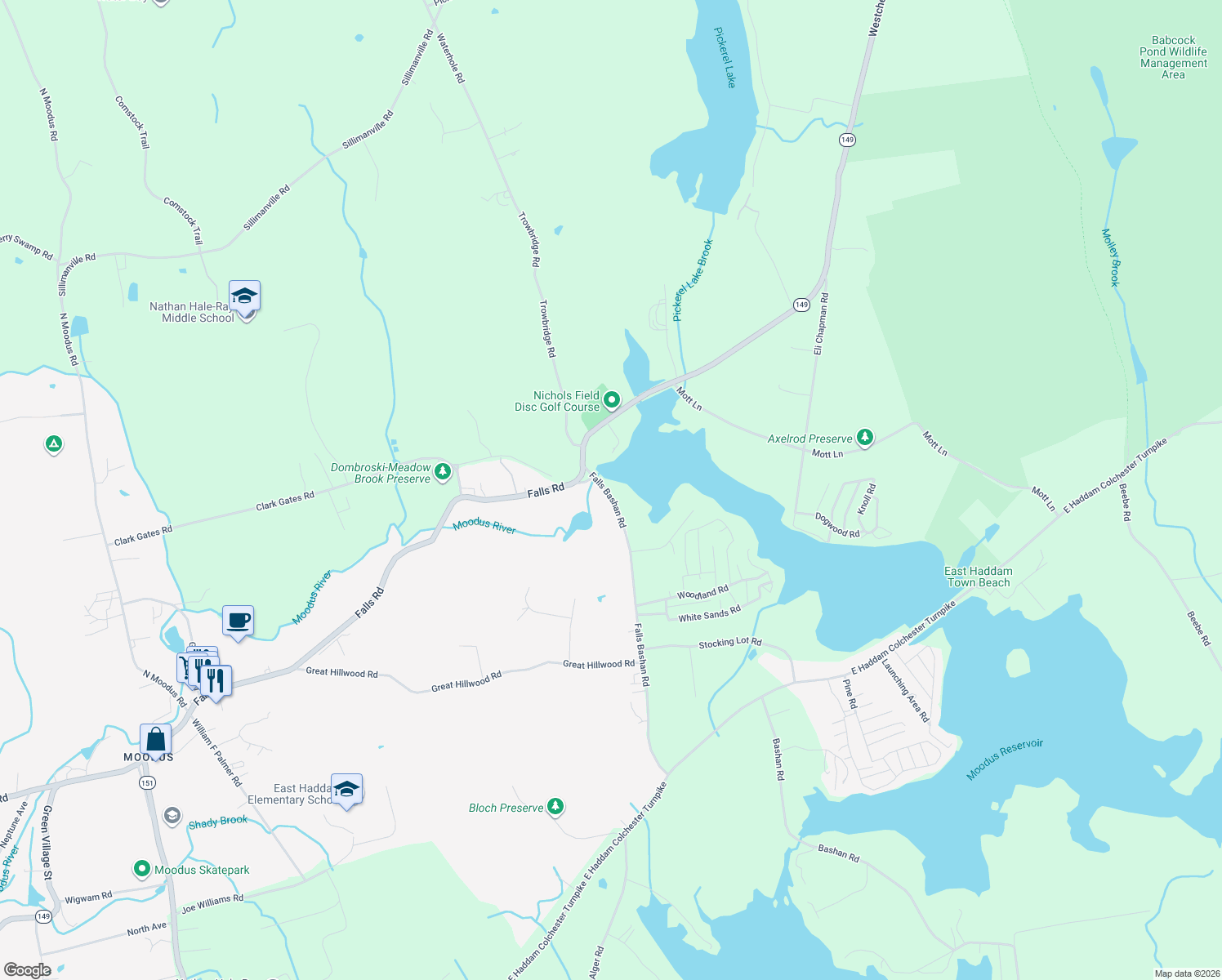 map of restaurants, bars, coffee shops, grocery stores, and more near 92 Falls Bashan Road in East Haddam