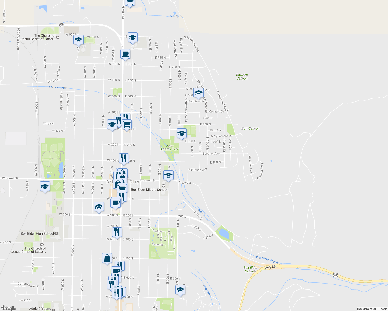 map of restaurants, bars, coffee shops, grocery stores, and more near 130 North 800 East in Brigham City