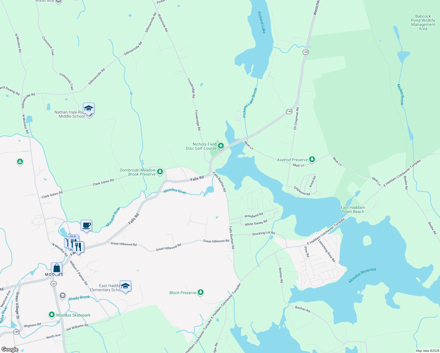 map of restaurants, bars, coffee shops, grocery stores, and more near 92 Falls Bashan Road in East Haddam