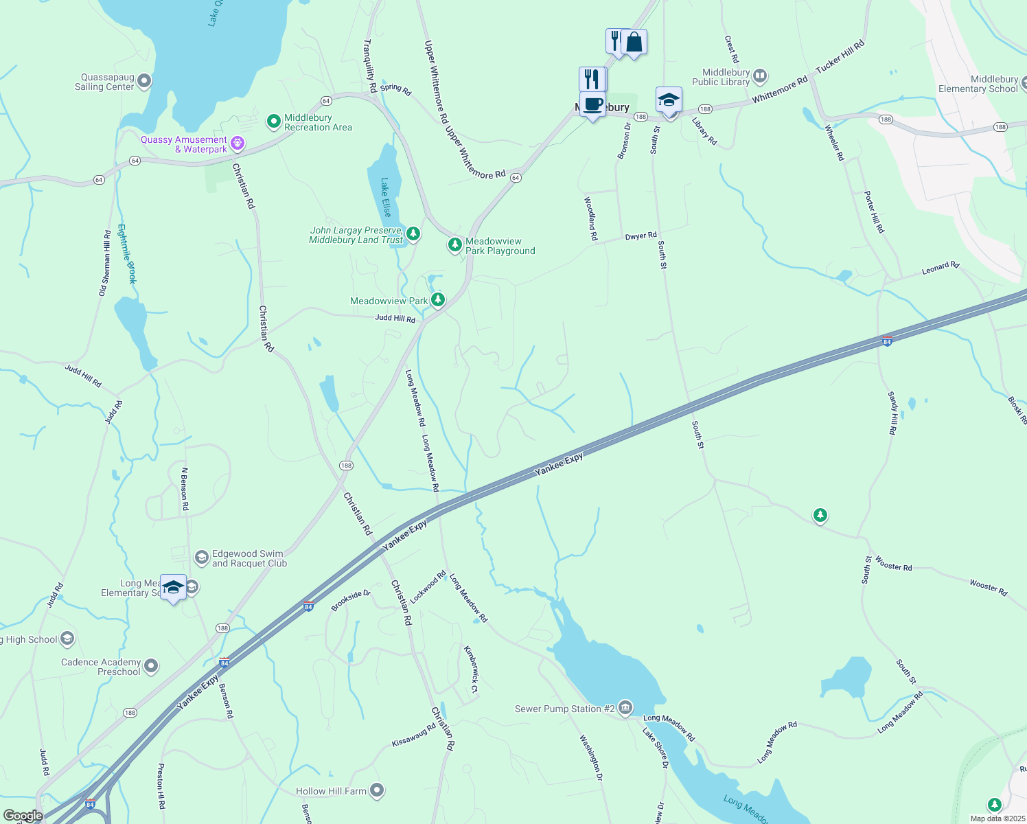 map of restaurants, bars, coffee shops, grocery stores, and more near 134 Ridgewood Drive in Middlebury
