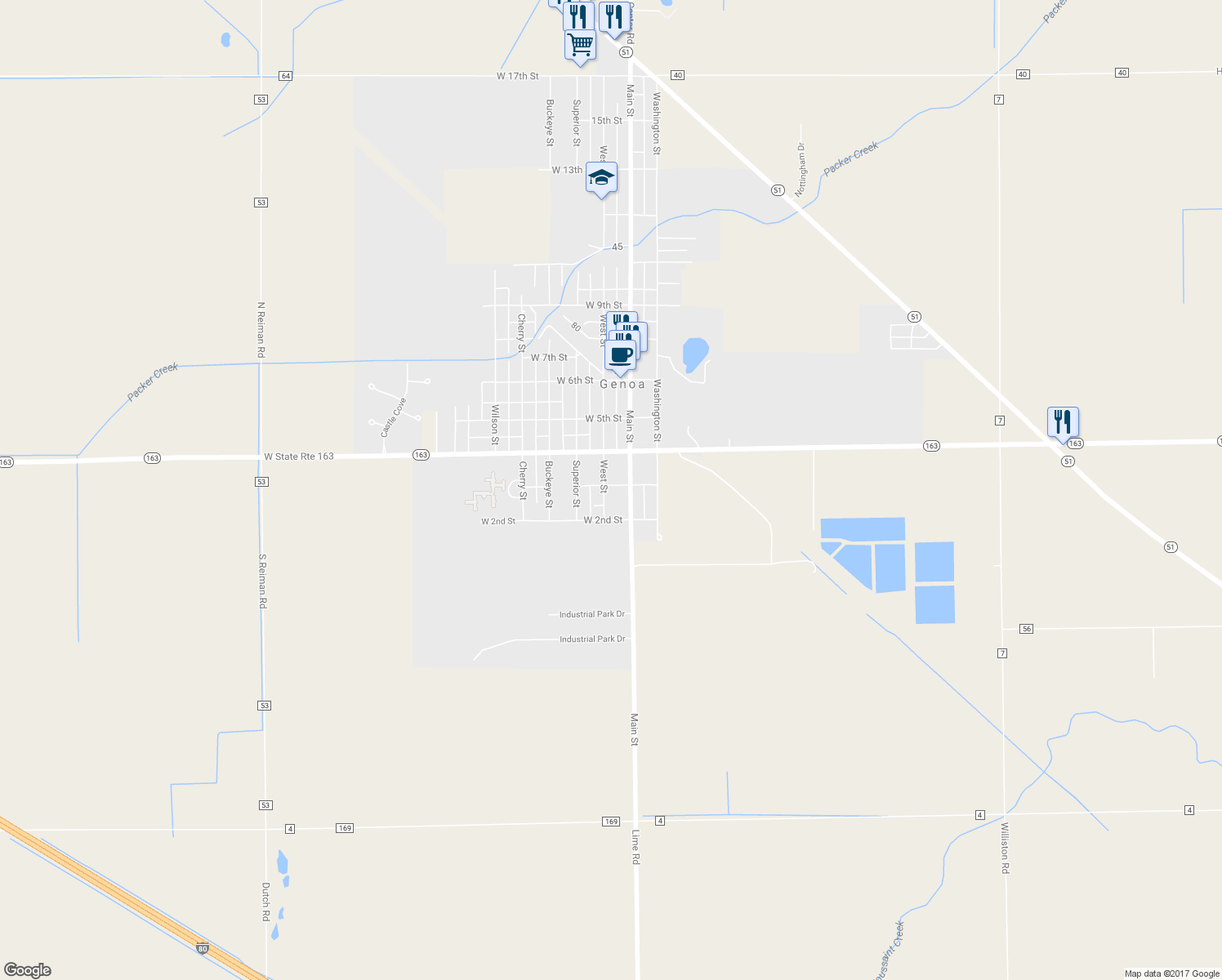 map of restaurants, bars, coffee shops, grocery stores, and more near 102 W 3rd St in Genoa