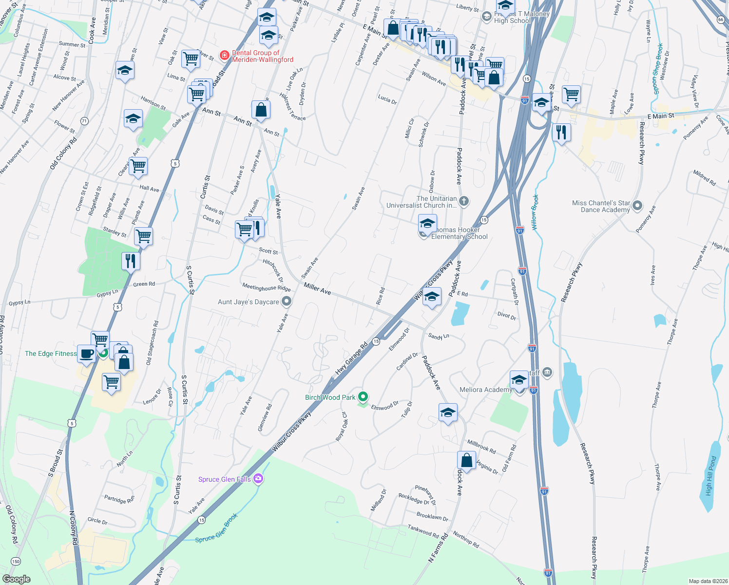 map of restaurants, bars, coffee shops, grocery stores, and more near 158 Miller Avenue in Meriden