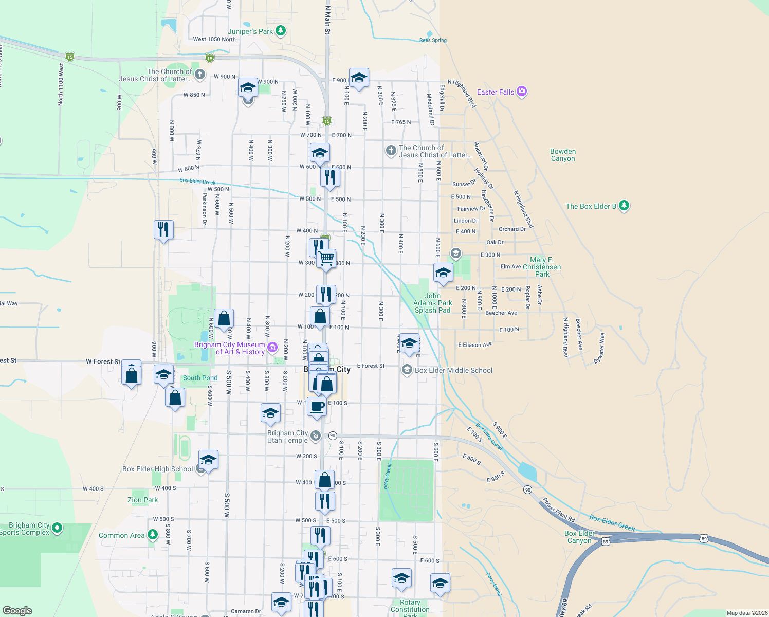 map of restaurants, bars, coffee shops, grocery stores, and more near 152 North 300 East in Brigham City