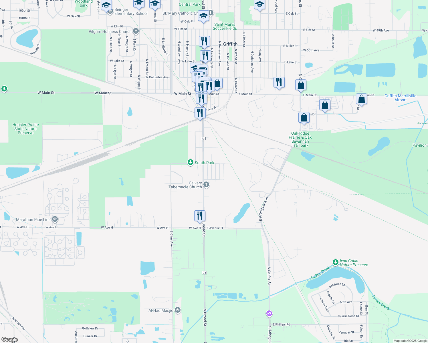 map of restaurants, bars, coffee shops, grocery stores, and more near 523 S Lafayette St in Griffith