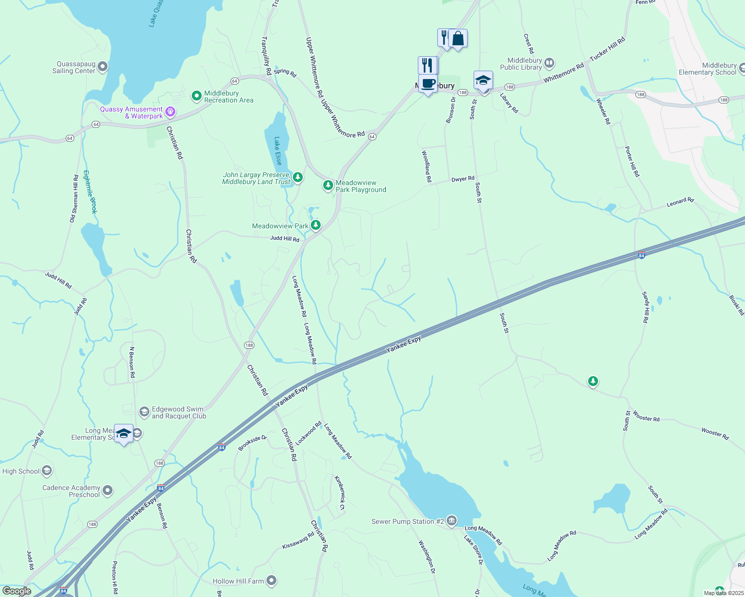 map of restaurants, bars, coffee shops, grocery stores, and more near 134 Ridgewood Drive in Middlebury