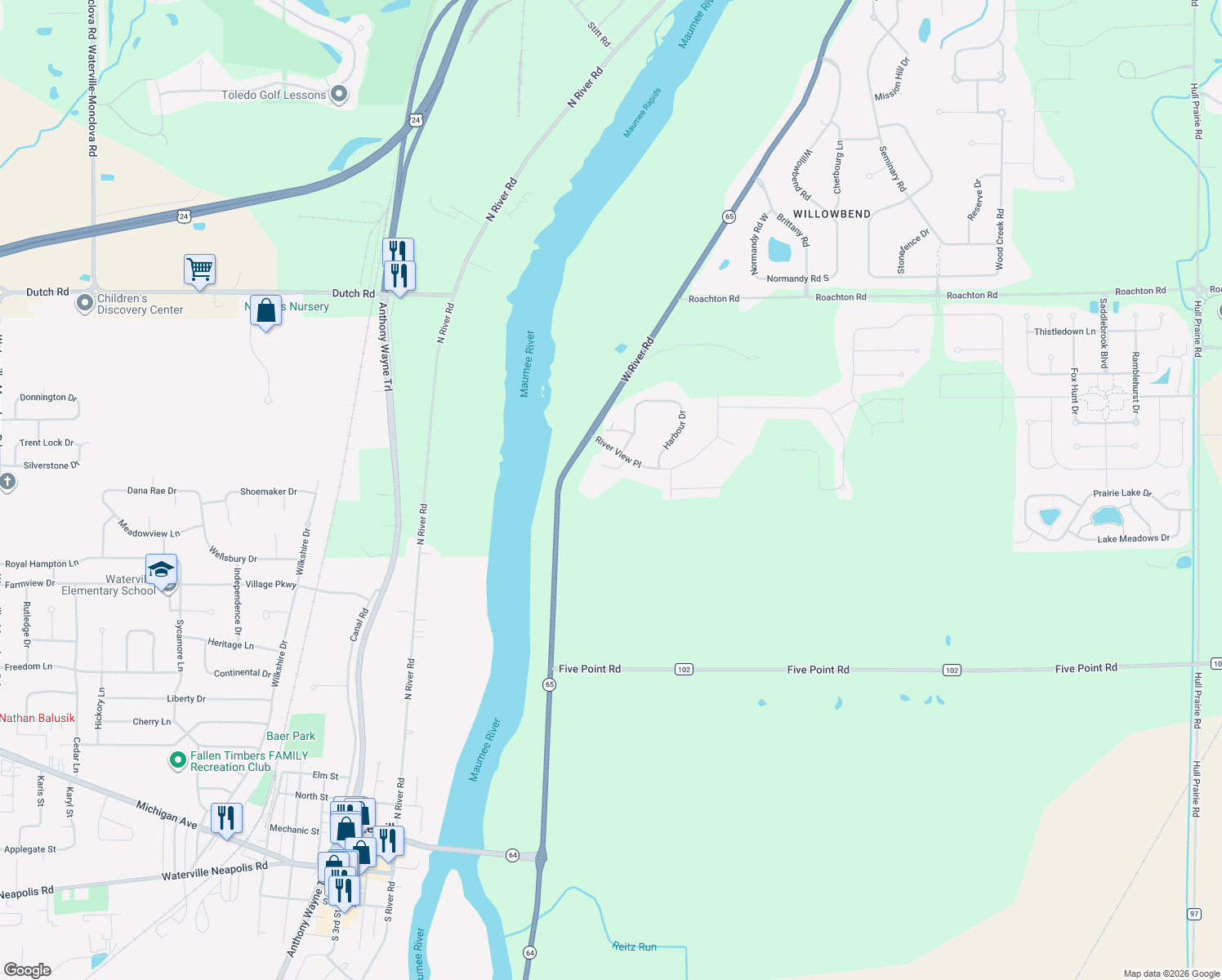 map of restaurants, bars, coffee shops, grocery stores, and more near 25030 West River Road in Perrysburg
