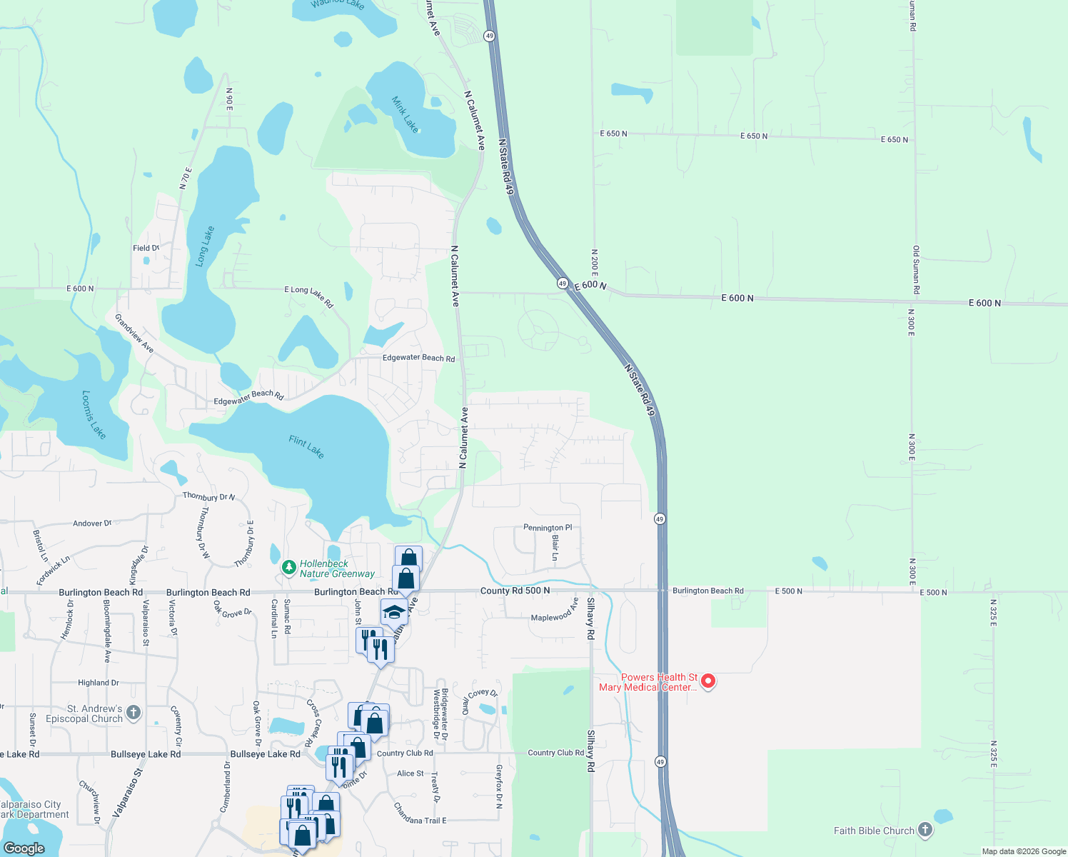 map of restaurants, bars, coffee shops, grocery stores, and more near 2498 Linda Road in Valparaiso
